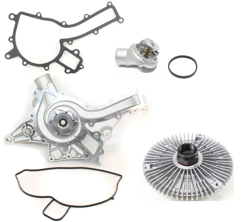 AM ML CLASS 98-05 WATER PUMP 3 pc Kit w Fan Clutch Water Outlet SKU KIT 071017-19 OEM 1122001501-1122000222-11220302