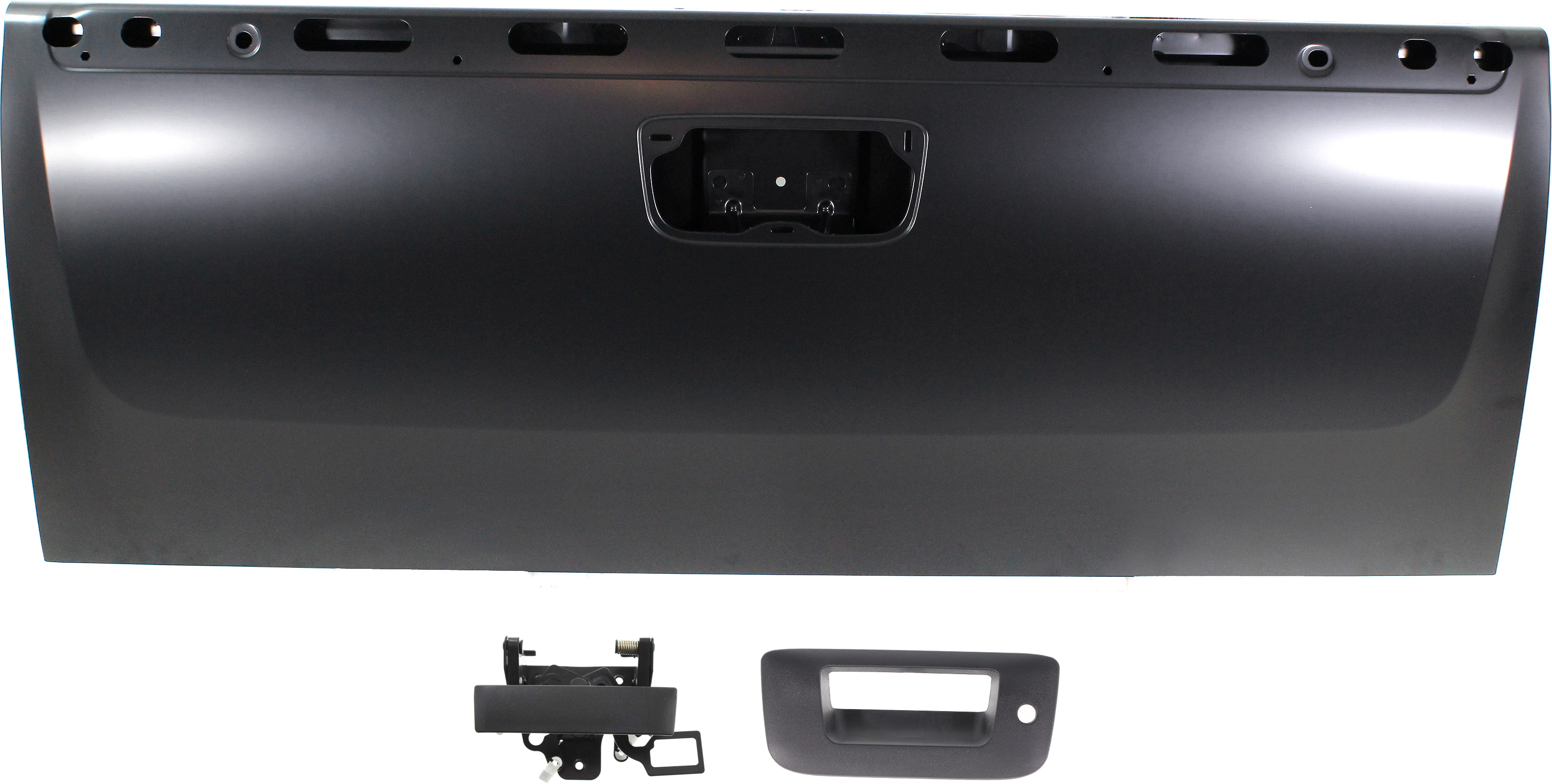AM SILVERADO SIERRA P U 07-14 TAILGATE KIT Fleetside Locking w o Rear View Camera Exc. 2007 Classic Textured Black w Keyhole 3 pc Kit with Tailgate Handle SKU KIT 071017-53 Partslink GM1900125 GM1916106 GM1915124 OEM 20885079-22755302-20880358-209
