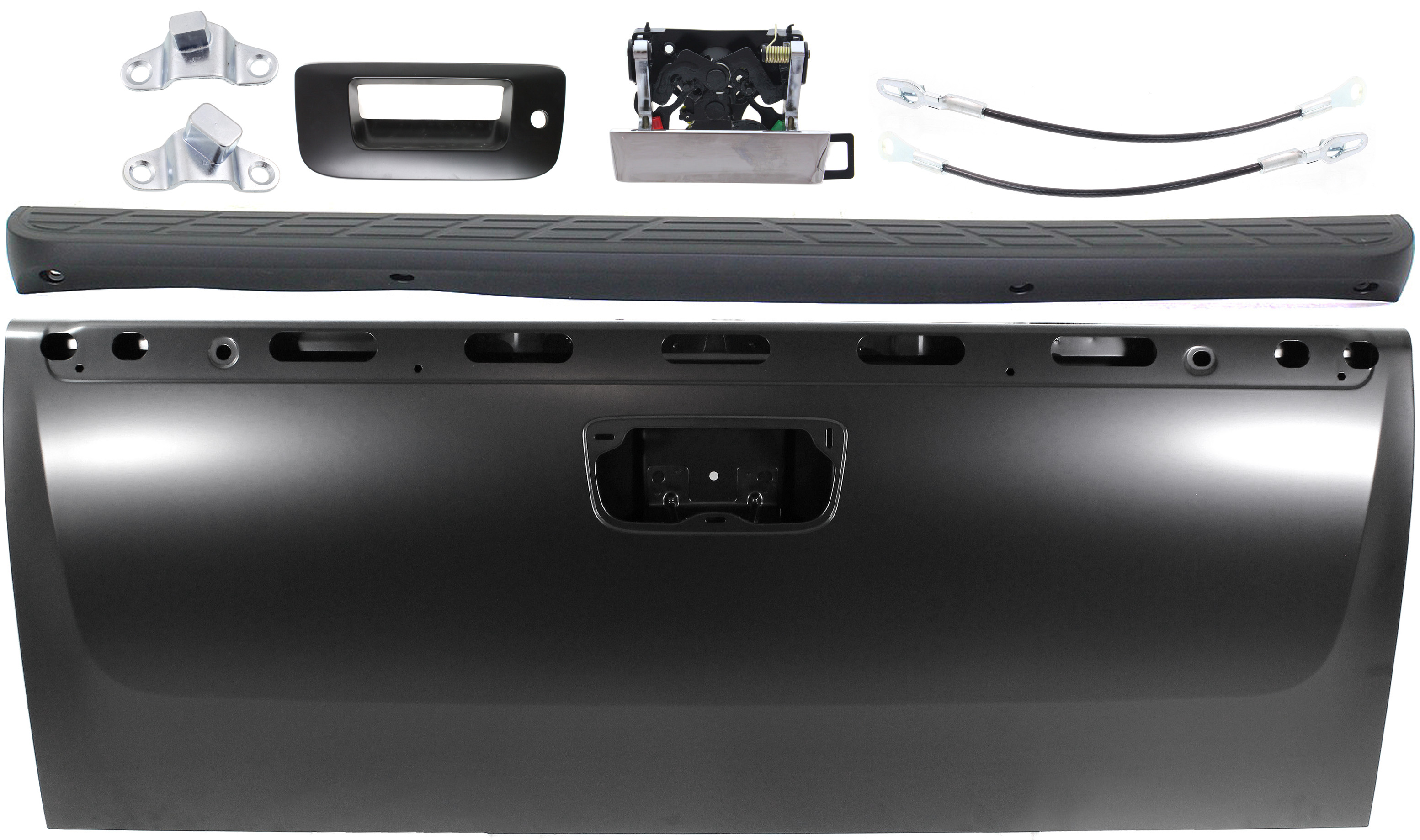 AM SILVERADO SIERRA 1500-07-13 TAILGATE 8 pc Kit with Tailgate Molding Tailgate Handle Tailgate Hinge and Tailgate Cable SKU KIT 071017-54 Partslink GM1900125 GM1921103 GM1920103 GM1904104 OEM 20885079-25838261-25838260-152
