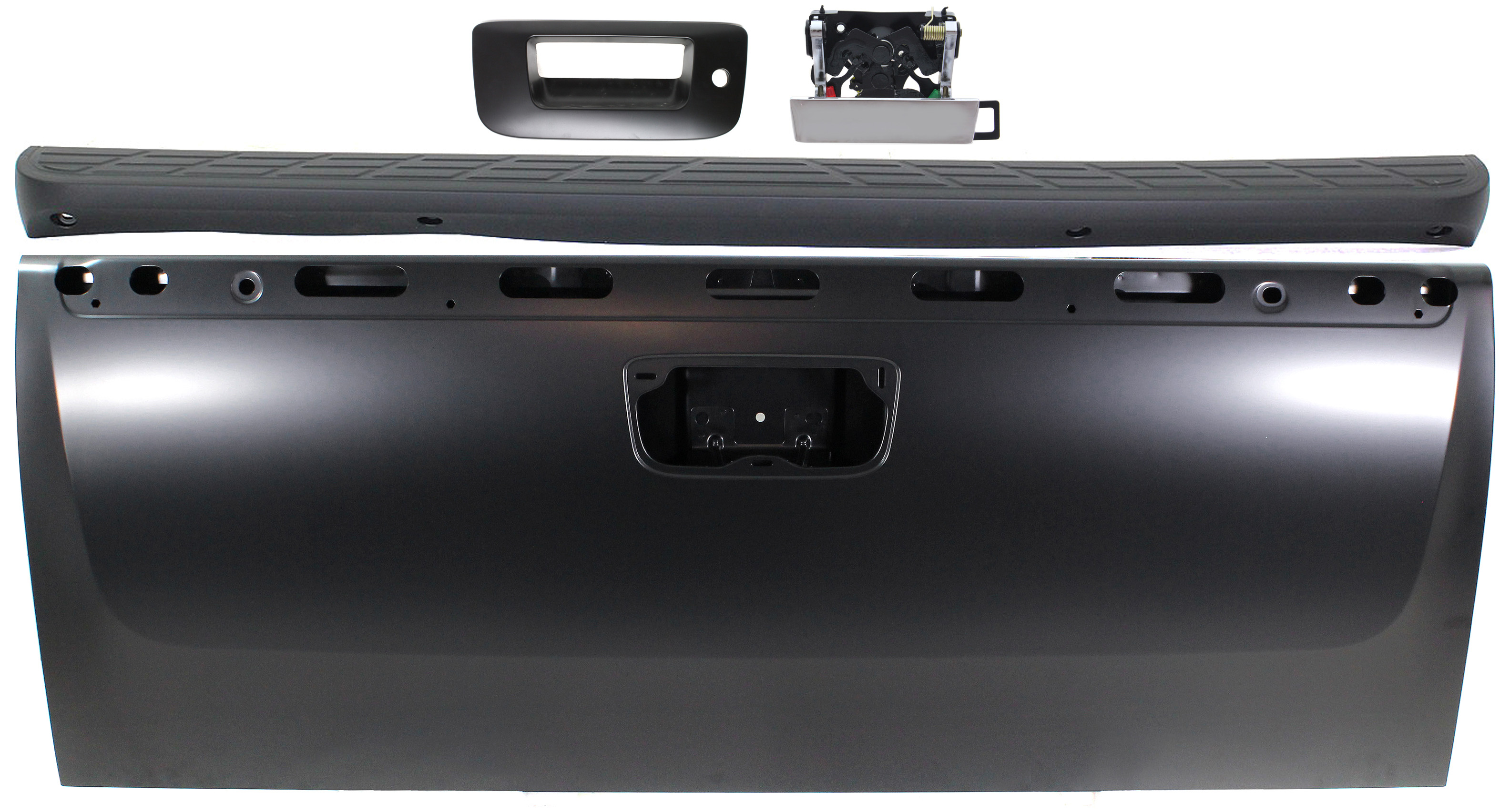 AM SILVERADO SIERRA 1500-07-13 TAILGATE KIT Fleetside Locking w o Rear View Camera Exc. 2007 Classic All Chrome w Keyhole Bezel and Molding 4 pc Kit with Tailgate Molding and Tailgate Handle SKU KIT 071017-56 Partslink GM1900125 GM1904104 OEM 20885079-25844299
