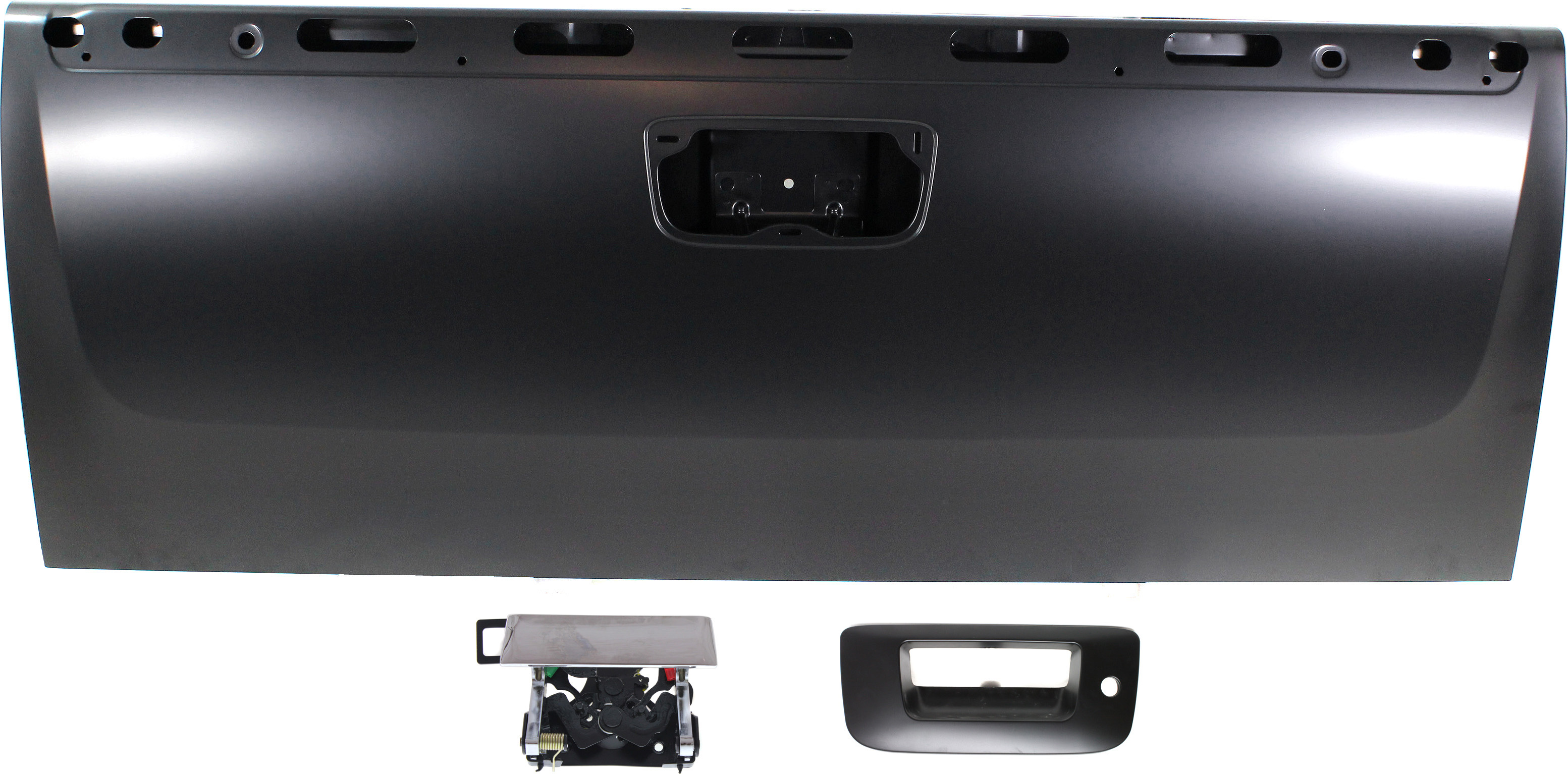 AM SILVERADO SIERRA P U 07-14 TAILGATE KIT Fleetside Locking w o Rear View Camera Exc. 2007 Classic All Chrome w Keyhole 3 pc Kit with Tailgate Handle SKU KIT 071017-57 Partslink GM1900125 OEM 20885079