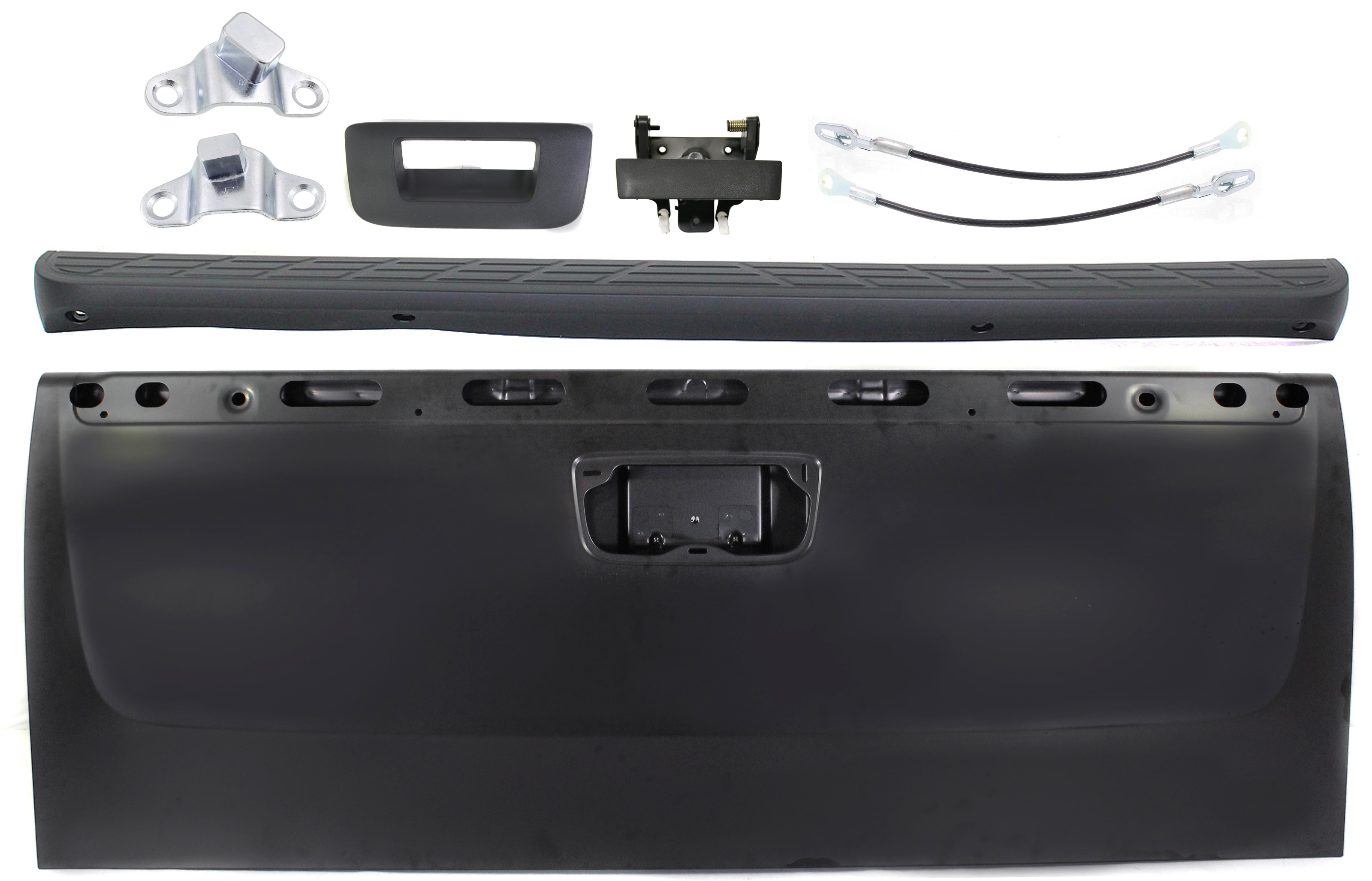 AM SILVERADO SIERRA 1500-07-13 TAILGATE 8 pc Kit with Tailgate Molding Tailgate Handle Tailgate Hinge and Tailgate Cable SKU KIT 071017-68 Partslink GM1900126 GM1921103 GM1920103 GM1916107 GM1915125 GM1904104 OEM 20885080-25838261-25838260-227