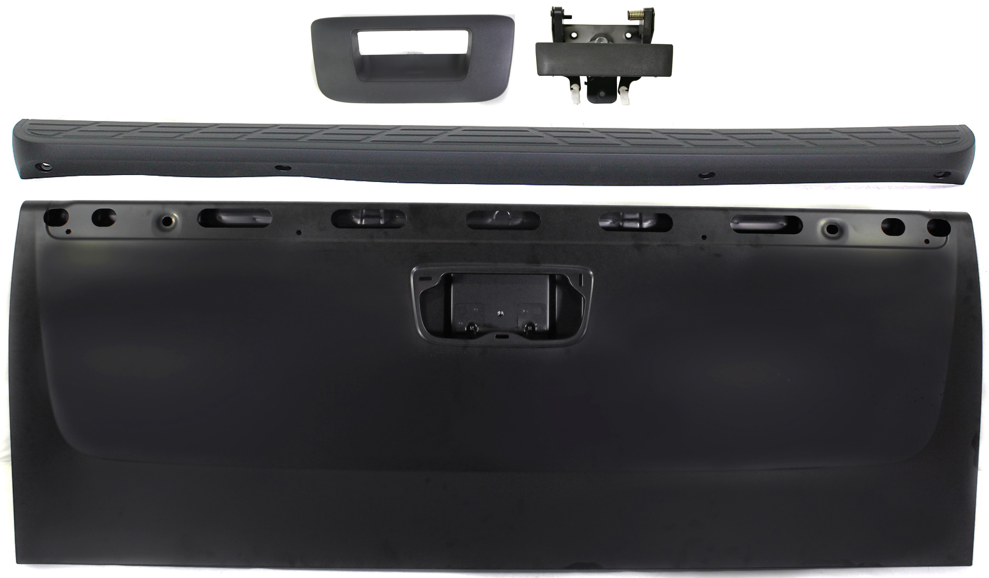 AM SILVERADO SIERRA 1500-07-13 TAILGATE w o Keyhole 4 pc Kit with Tailgate Molding and Tailgate Handle SKU KIT 071017-72 Partslink GM1900126 GM1916107 GM1915125 GM1904104 OEM 20885080-22755303-20955300-151