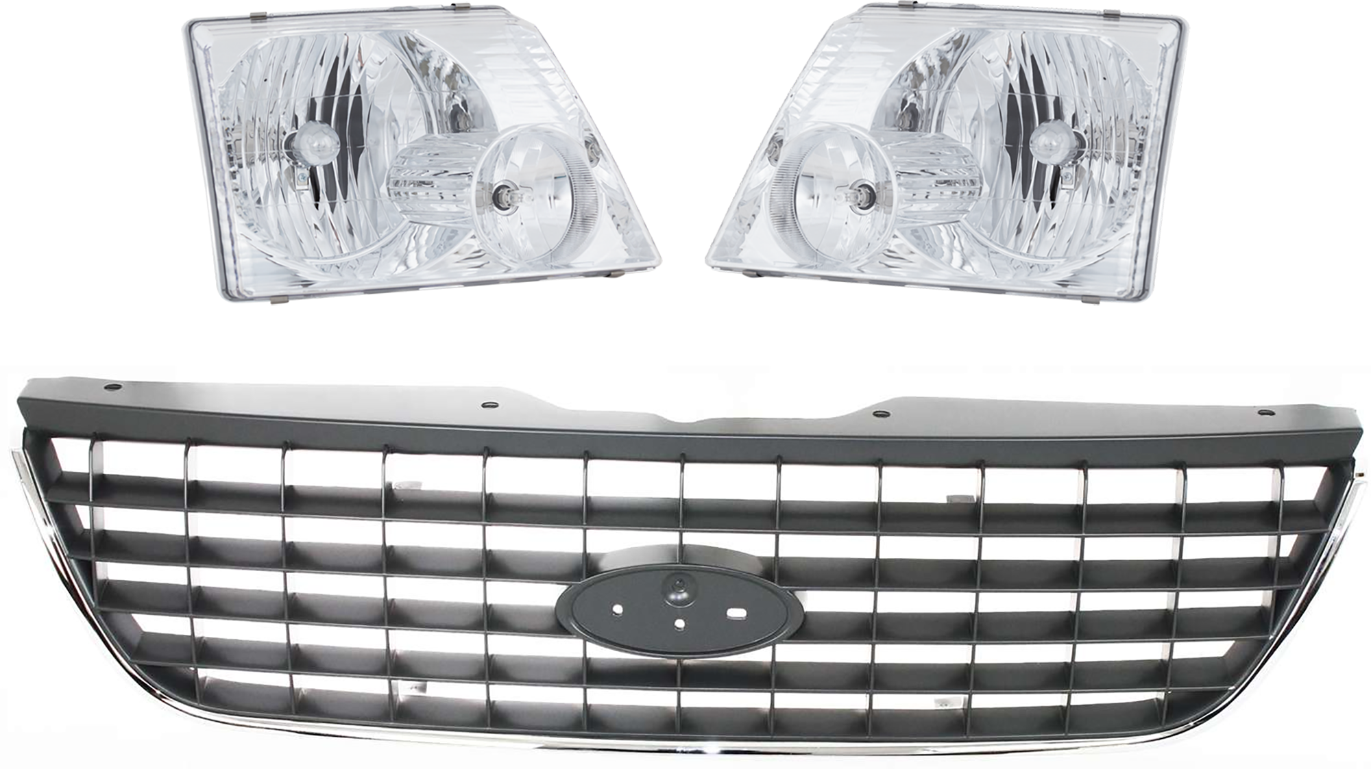 AM EXPLORER 02-05 GRILLE 3 pc Kit Gray Shell and Insert w Chr Molding and Headlight Exc. Postal Model SKU KIT 071024-01 Partslink FO1200396 FO2503176 FO2502176 OEM 1L2Z8200AAB 1L2Z8200AAA 1L2Z82