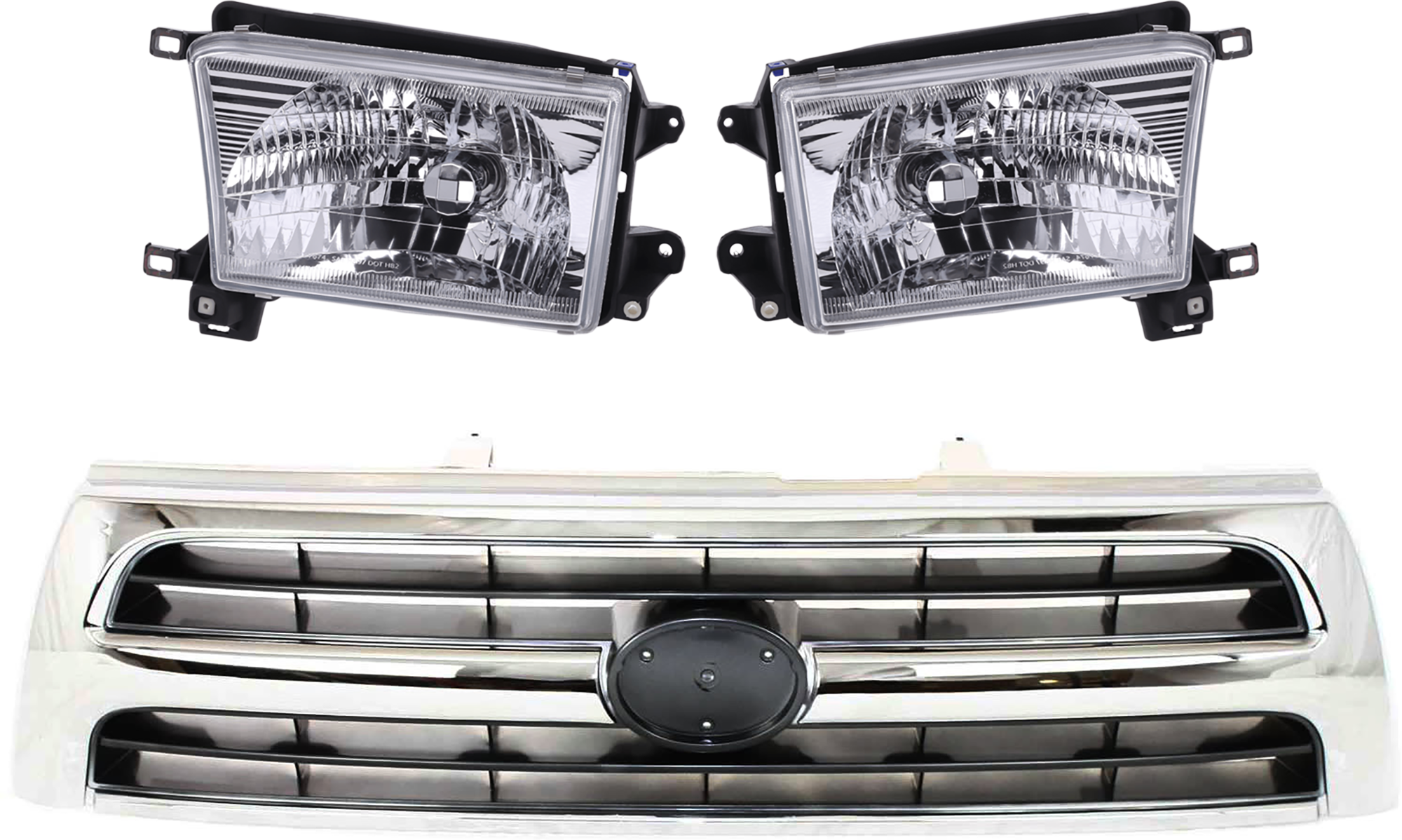 AM 4RUNNER 99-00 GRILLE 3 pc Kit w Headlight Chrome Shell Silver Black Insert 4 Cyl 6 Cyl SKU KIT 071024-05 Partslink TO1200228 TO2502128 TO2503128 OEM 5311135460-8115035300-81110353