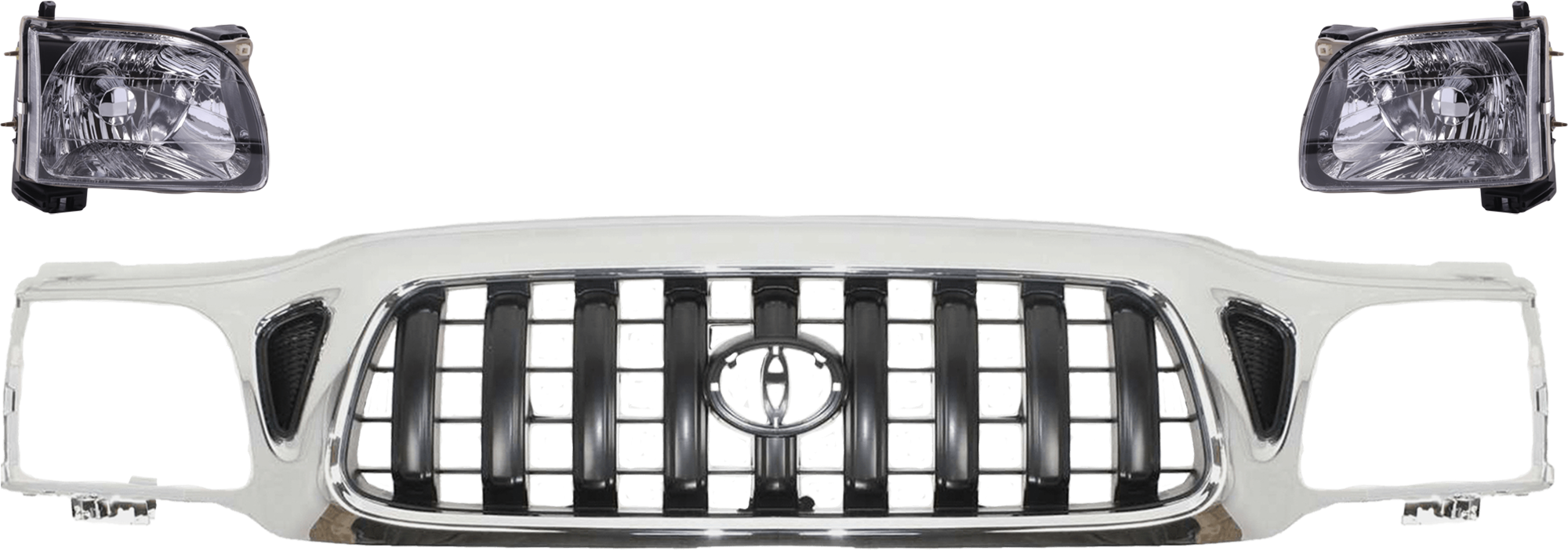 AM TACOMA 01-04 GRILLE 3 pc Kit w Headlight Chrome Shell Painted Dark Gray Insert w o S Runner Model 4WD SKU KIT 071024-07 Partslink TO1200248 TO2503136 TO2502136 OEM 5310004240-8111004110-81150041