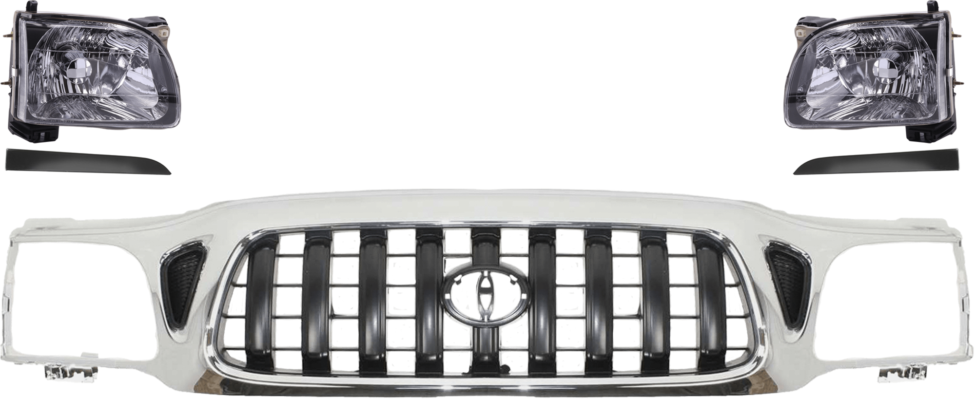 AM TACOMA 01-04 GRILLE 5 pc Kit Chrome Shell Painted Dark Gray Insert w Headlight and Headlight Filler w o S Runner Model 4WD SKU KIT 071024-08 Partslink TO1200248 TO2503136 TO2502136 TO1089108 TO1088108 OEM 5310004240-8111004110-81150041