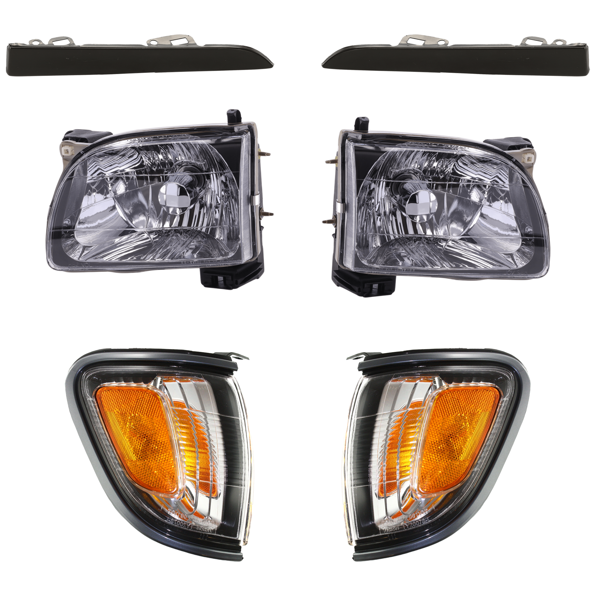 AM TACOMA 01-04 HEAD LAMP RH AND LH 6 pc kit w Headlight Filler and Corner Light Assembly Halogen SKU KIT 071024-10 Partslink TO2502136 TO2503136 TO2521160 TO2520160 TO1089108 TO1088108 OEM 8111004110-8115004110-81610040