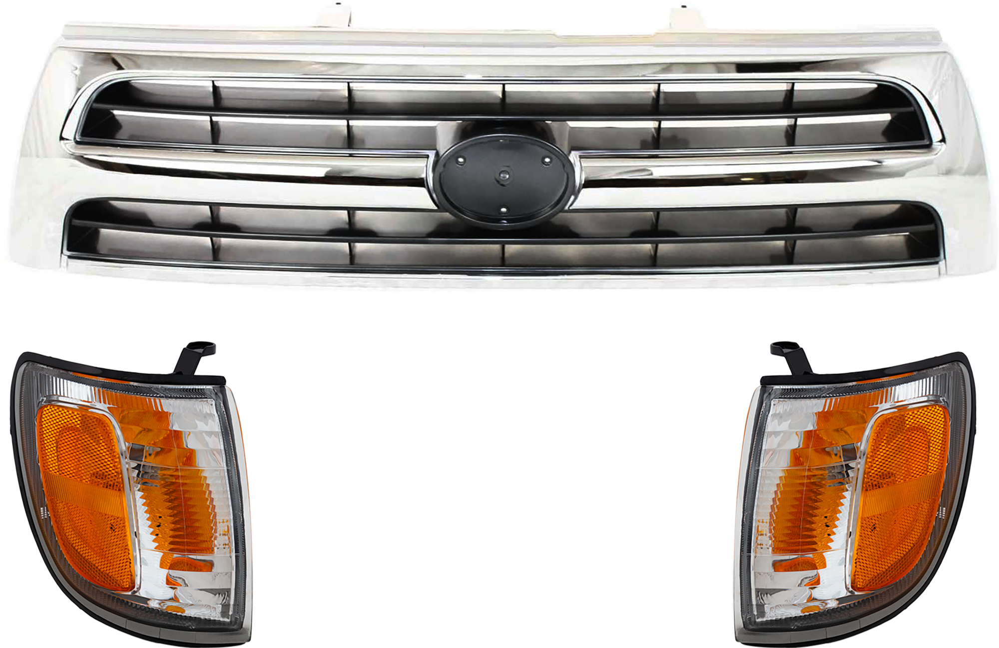 AM 4RUNNER 99-00 GRILLE 3 pc Kit w Corner Light Chrome Shell Silver Black Insert 4 Cyl 6 Cyl SKU KIT 071024-13 Partslink TO1200228 TO2521157 TO2520157 OEM 5311135460-8161035330-81620353