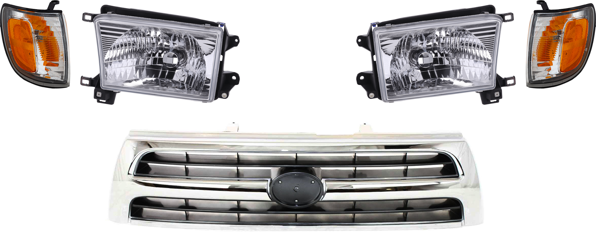 AM 4RUNNER 99-00 GRILLE 5 pc Kit w Corner Light and Headlight Chrome Shell Silver Black Insert 4 Cyl 6 Cyl SKU KIT 071024-14 Partslink TO1200228 TO2521157 TO2520157 TO2502128 TO2503128 OEM 5311135460-8161035330-81620353