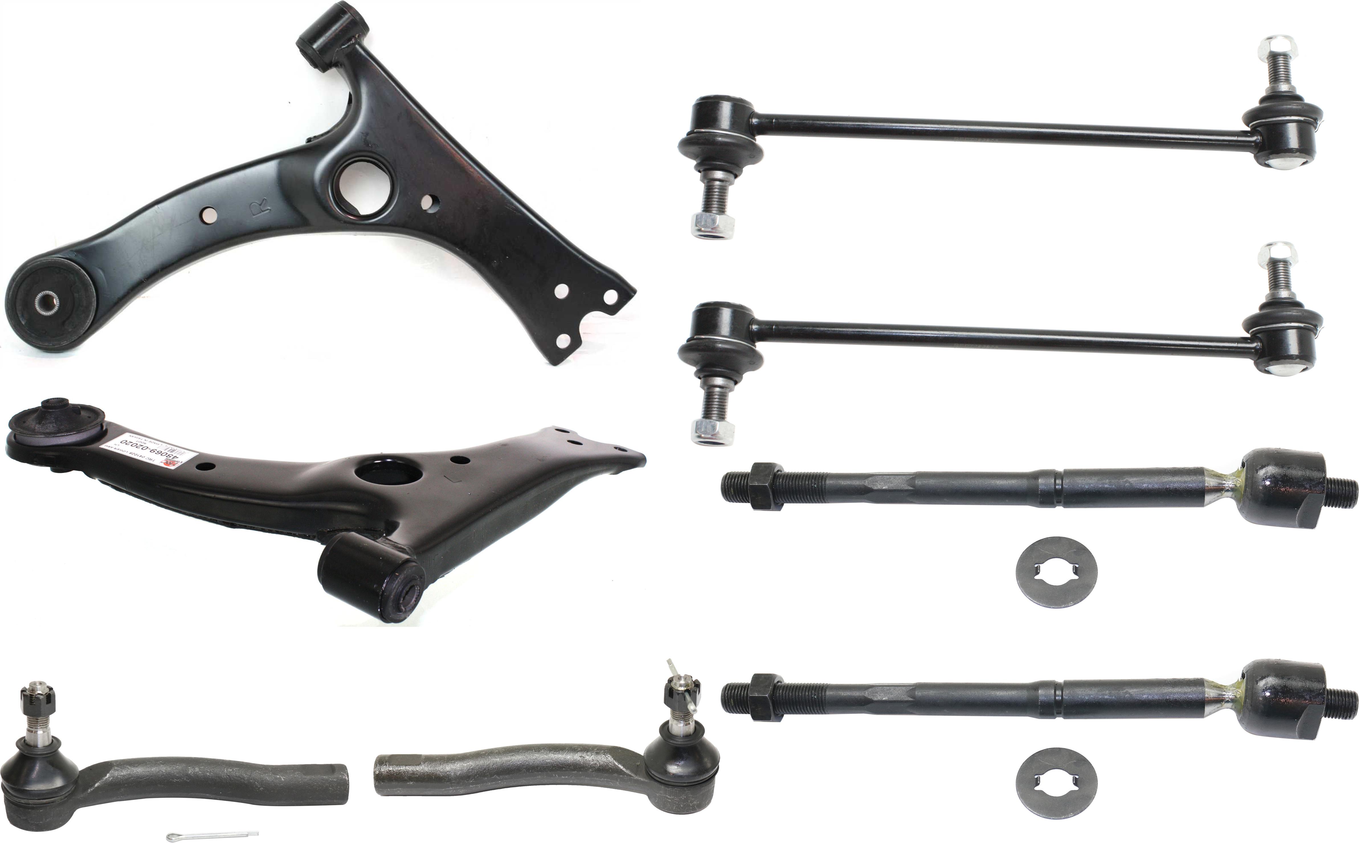 AM COROLLA 03-08 FRONT CONTROL ARM KIT RH AND LH Lower 8 pc kit with Sway Bar Links and Tie Rod Ends SKU KIT 071118-18 OEM 4-806-902-021-889-700-000-000-000-000