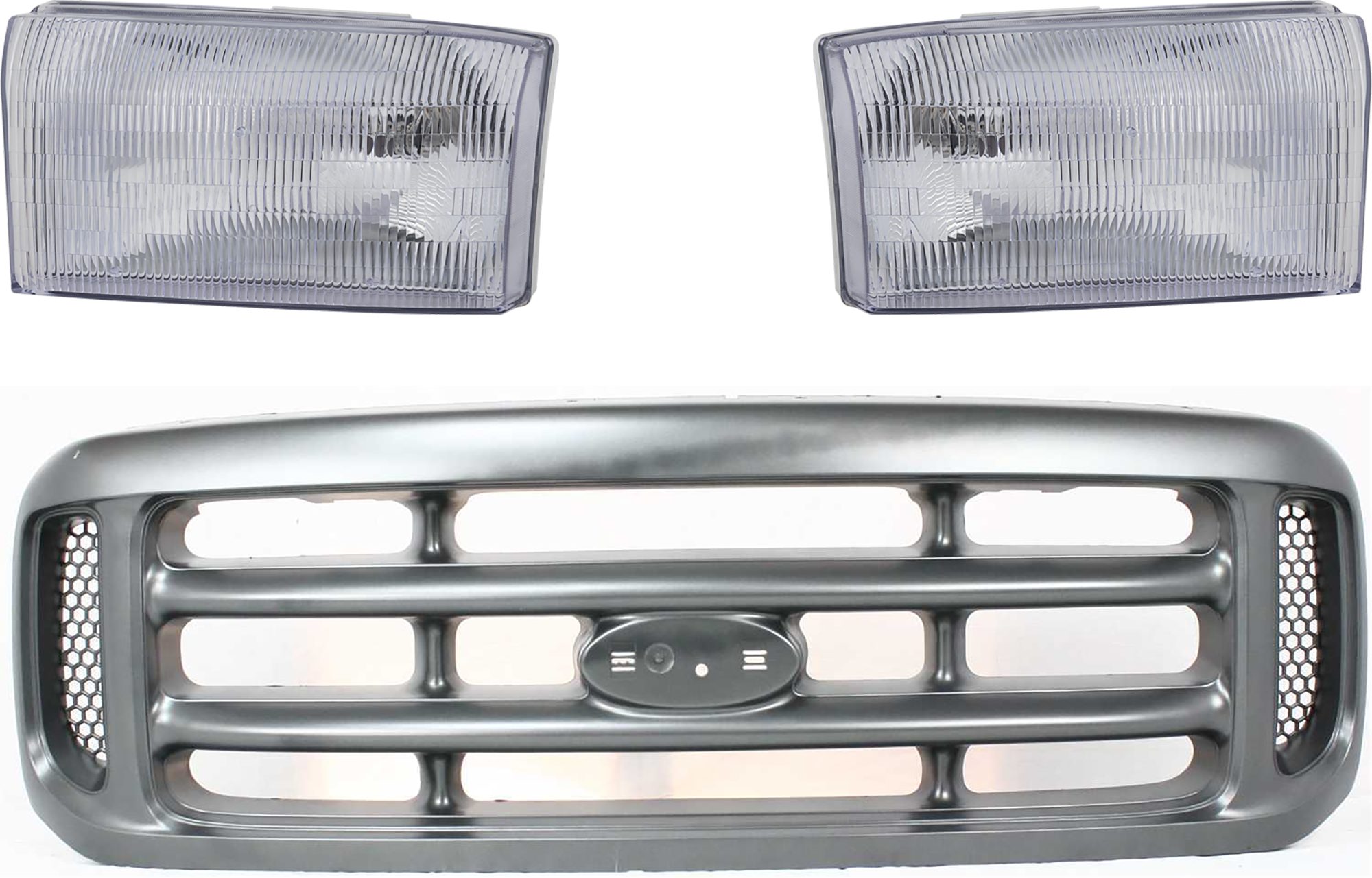 AM F SERIES SUPER DUTY 99-01 GRILLE 3 pc Kit Cross Bar Insert Painted Argent Shell and Insert with Headlight SKU KIT 071124-101 Partslink FO1200362 FO2502147 FO2503147 OEM YC3Z8200AAA 1C3Z13008BA 1C3Z13