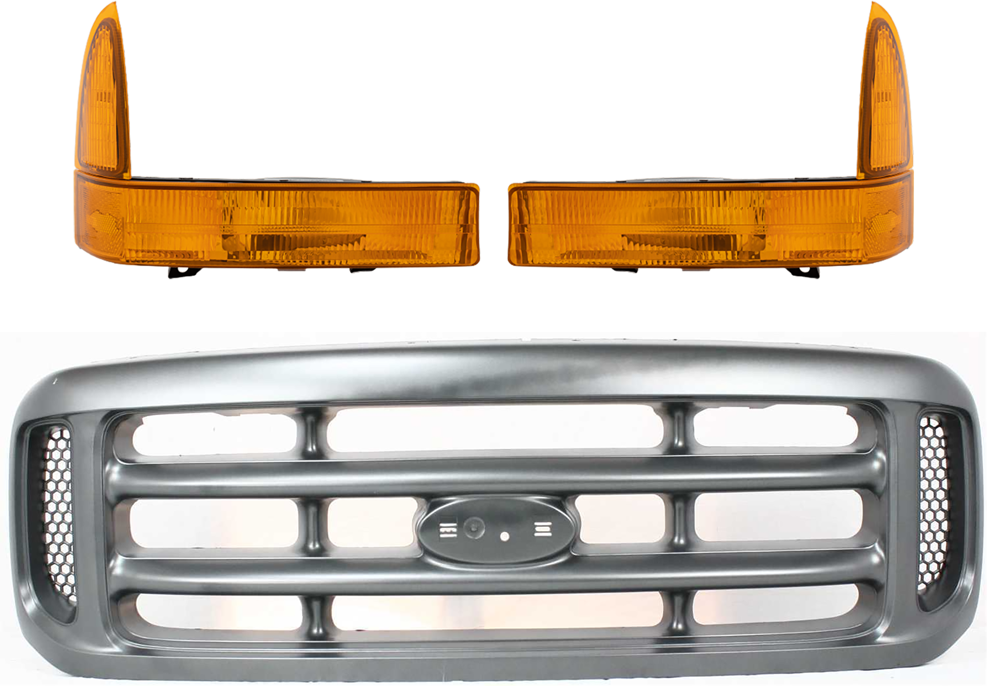 AM F SERIES SUPER DUTY 99-04 GRILLE 3 pc Kit w Corner Light Cross Bar Insert Painted Argent Shell and Insert SKU KIT 071124-103 Partslink FO1200362 FO2521141 FO2520141 OEM YC3Z8200AAA XC3Z13200BA XC3Z13
