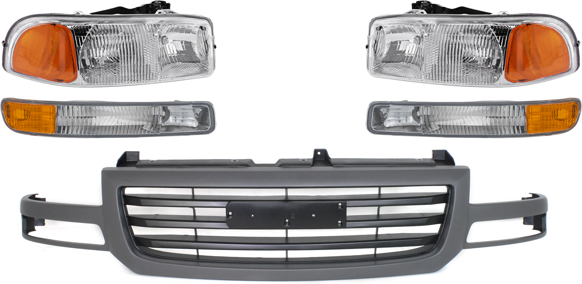 AM SIERRA 1500-03-07-2500-03-04 GRILLE 5 pc Kit w Headlight and Parking Light Painted Dark Gray Shell Painted Black Insert Fits 2007 Classic SKU KIT 071124-106 Partslink GM1200476 GM2503188 GM2502188 GM2521174 GM2520174 OEM 19130790-15850352-15850351-151