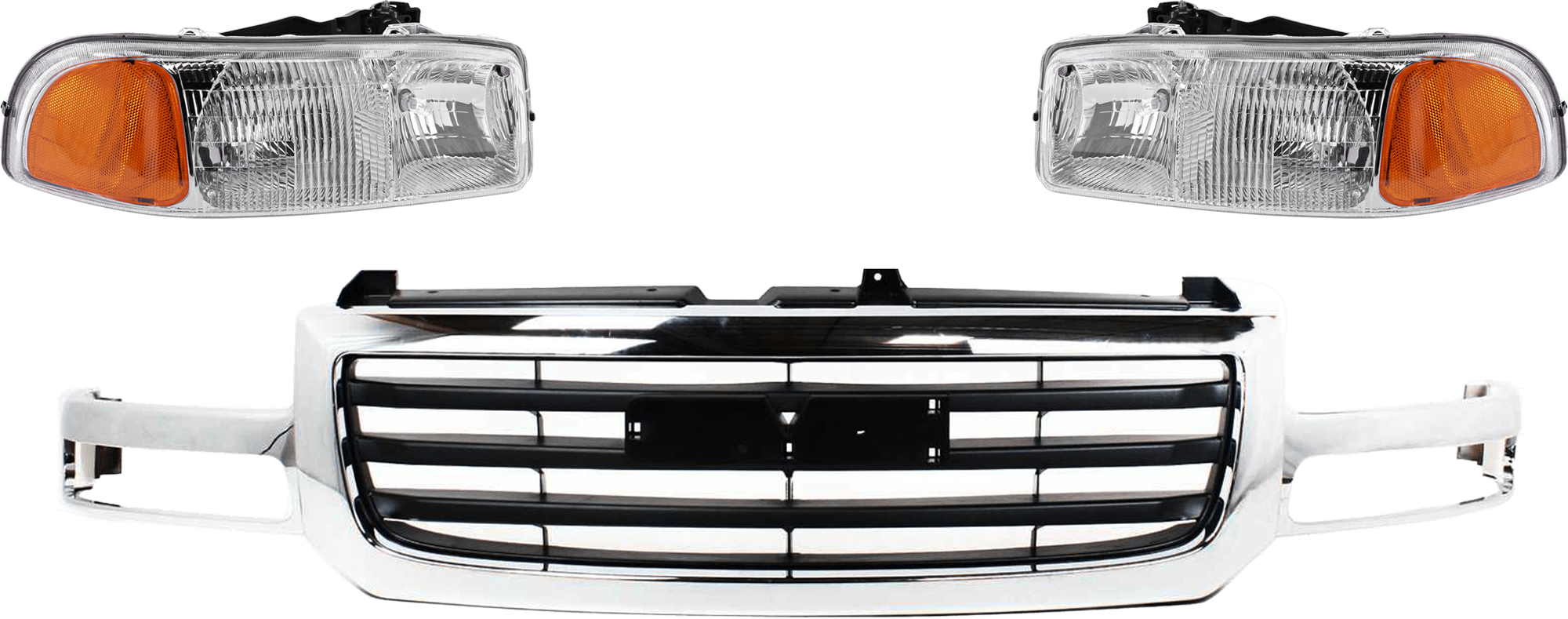 AM SIERRA 1500-03-06-2500-03-04 GRILLE 3 pc Kit w Headlight Chrome Shell Black Insert Includes 2007 Classic SKU KIT 071124-107 Partslink GM1200475 GM2503188 GM2502188 OEM 19130791-15850352-15850351