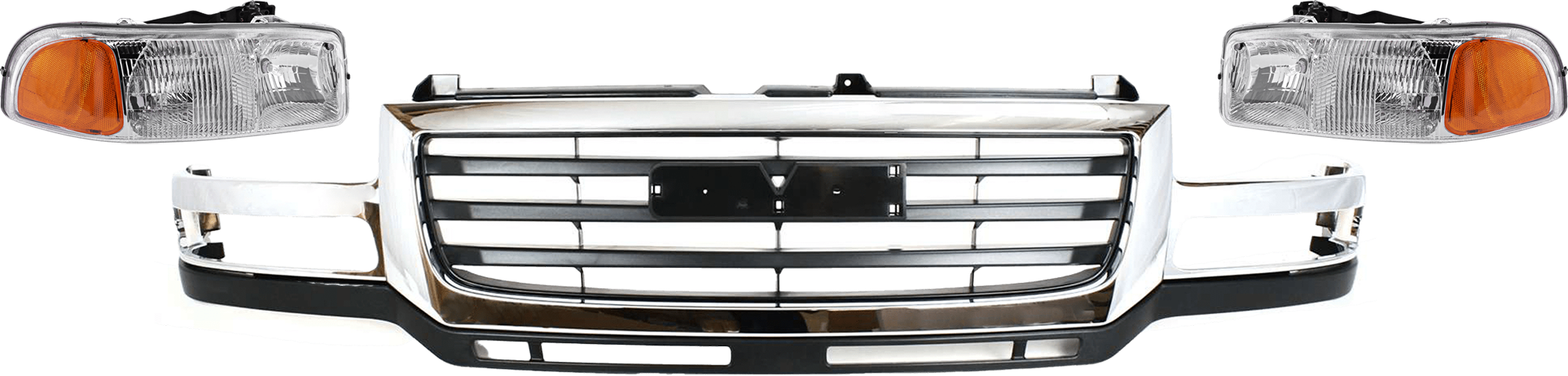 AM SIERRA 2500 HD 3500-03-06 GRILLE 3 pc Kit w Headlight Chrome Shell Painted Black Insert Includes 2007 Classic SKU KIT 071124-109 Partslink GM1200568 GM2503188 GM2502188 OEM 19130795-15850352-15850351