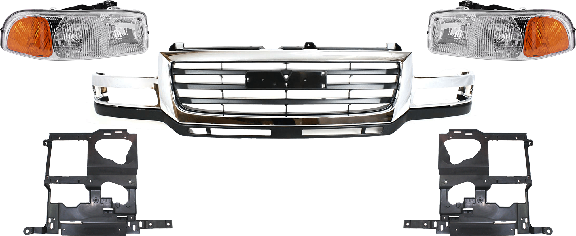AM SIERRA 2500 HD 3500-03-06 GRILLE 5 pc Kit w Headlight and Headlight Bracket Chrome Shell Painted Black Insert Includes 2007 Classic SKU KIT 071124-111 Partslink GM1200568 GM2503188 GM2502188 GM1221133 GM1221132 OEM 19130795-15850352-15850351-157