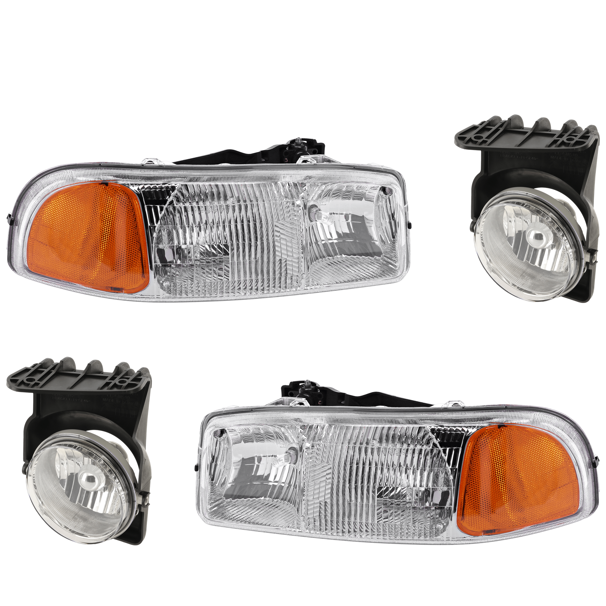 AM SIERRA 99-06 HEAD LAMP RH AND LH 4 pc kit w Fog Light Assembly Halogen Includes 2007 Classic SKU KIT 071124-112 Partslink GM2502188 GM2503188 GM2593128 GM2592128 OEM 15850351-15850352-15190985-151