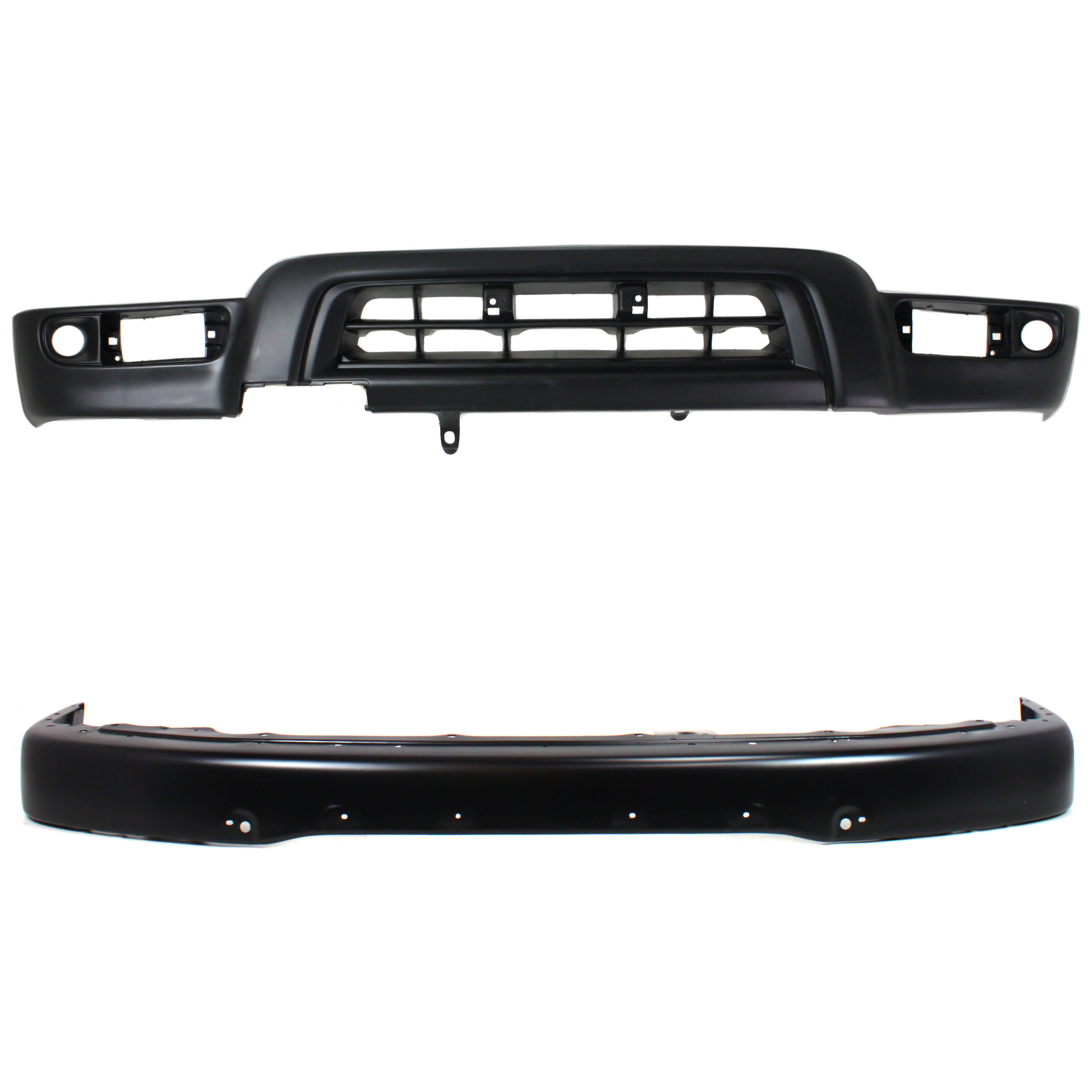 AM 4RUNNER 99-02 FRONT BUMPER 2 pc kit Face Bar Black w Fender Flare Holes with Valance SKU KIT 071124-20 Partslink TO1002166 TO1095181 OEM 5210135927-5391135912