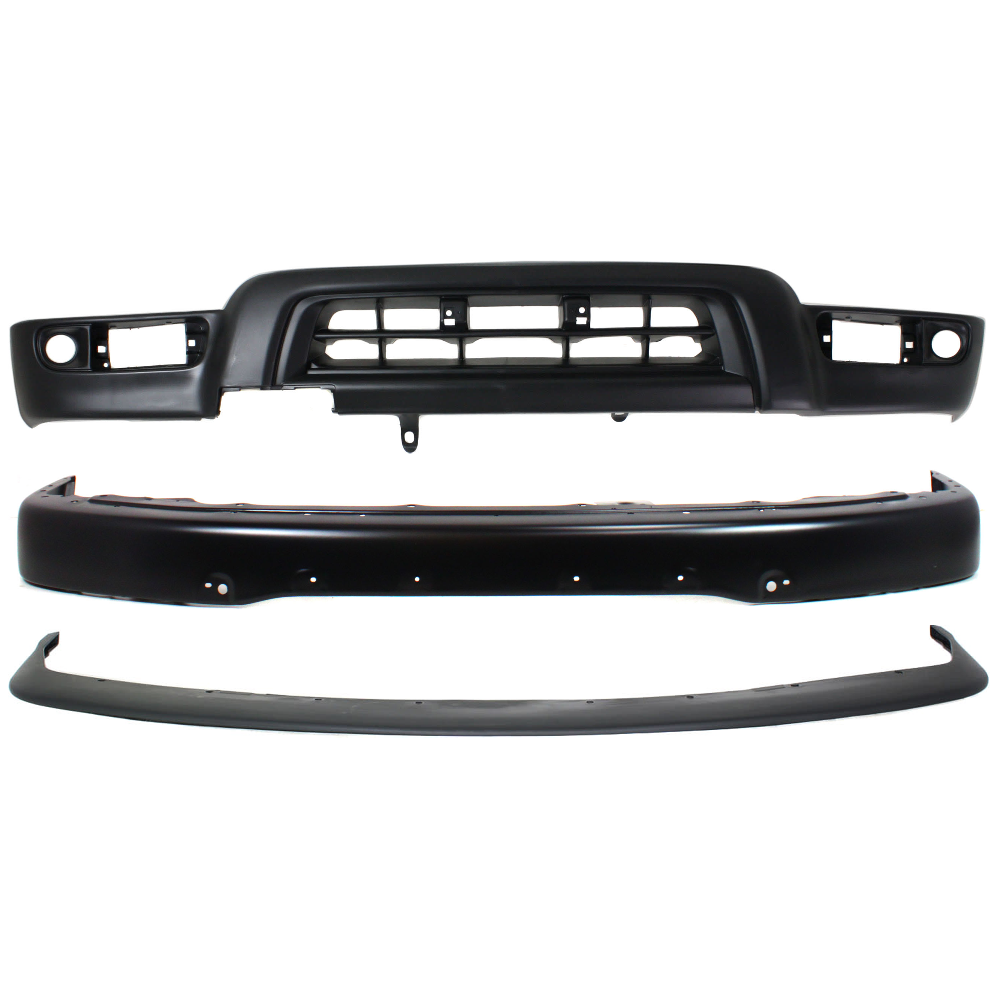 AM 4RUNNER 99-02 FRONT BUMPER 3 pc kit Face Bar Black w Fender Flare Holes with Bumper Trim and Valance SKU KIT 071124-22 Partslink TO1002166 TO1087108 TO1095181 OEM 5210135927-5211935020-53911359