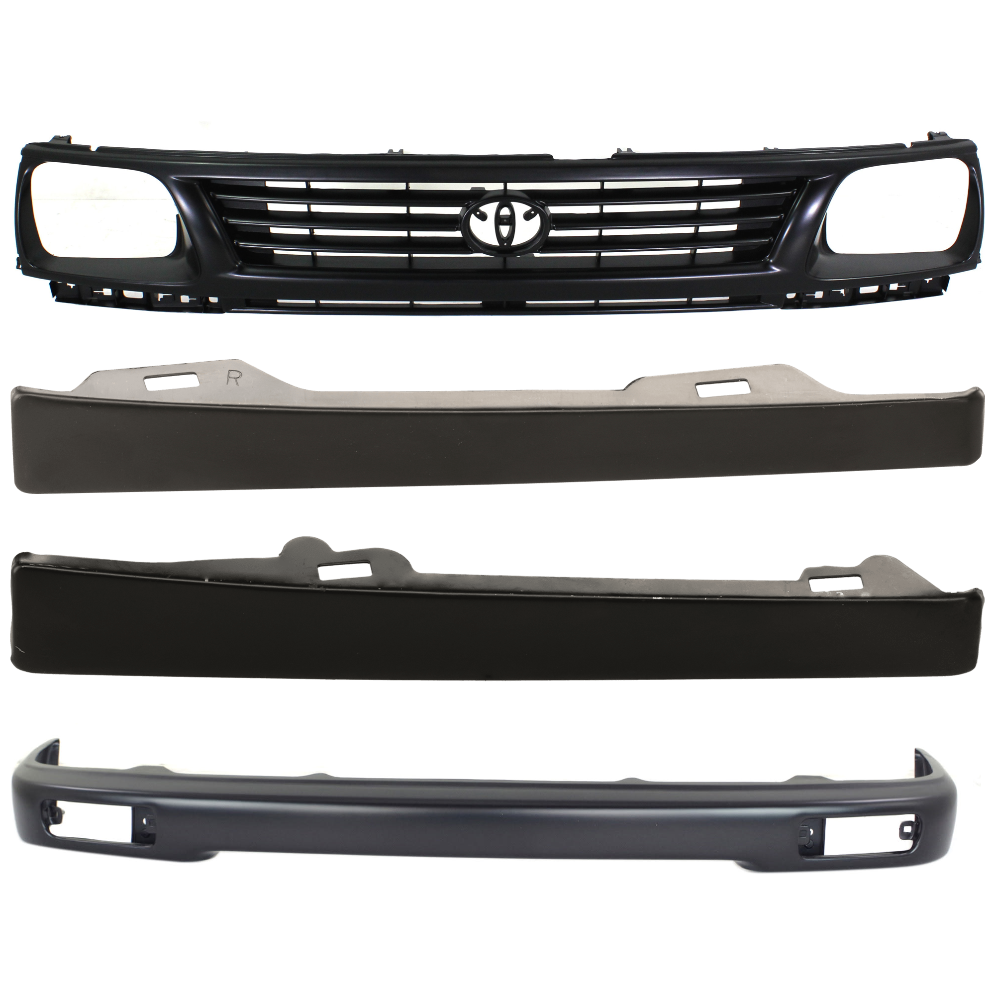 AM TACOMA 95-96 FRONT BUMPER 4 pc kit Black with Grille Assembly and Headlight Filler SKU KIT 071124-37 Partslink TO1002153 TO1200194 TO1089101 TO1088101 OEM 5210104050-5310035290-52512350