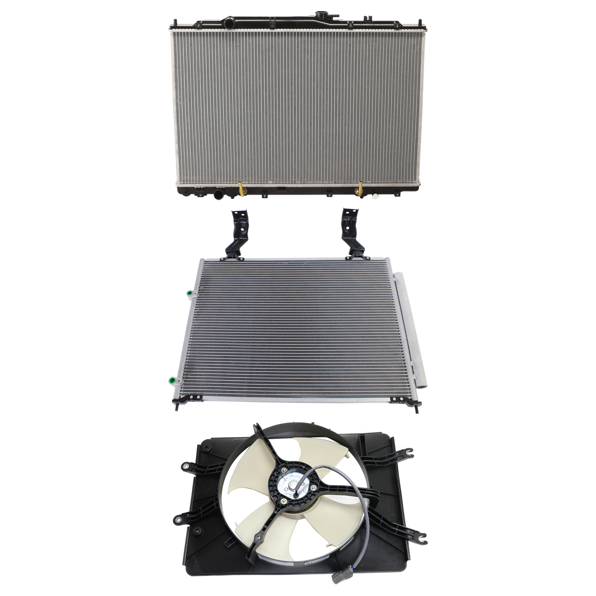 AM MDX 01-02 PILOT 03-04 A C CONDENSER RADIATOR COOLING FAN KIT 3 pc kit 3.5L Eng. 6 Cyl. SKU KIT 071124-50 Partslink AC3030104 HO3030148 HO3113120 AC3010134 HO3010185 OEM 80100S3V305-80100S9V305-38615P