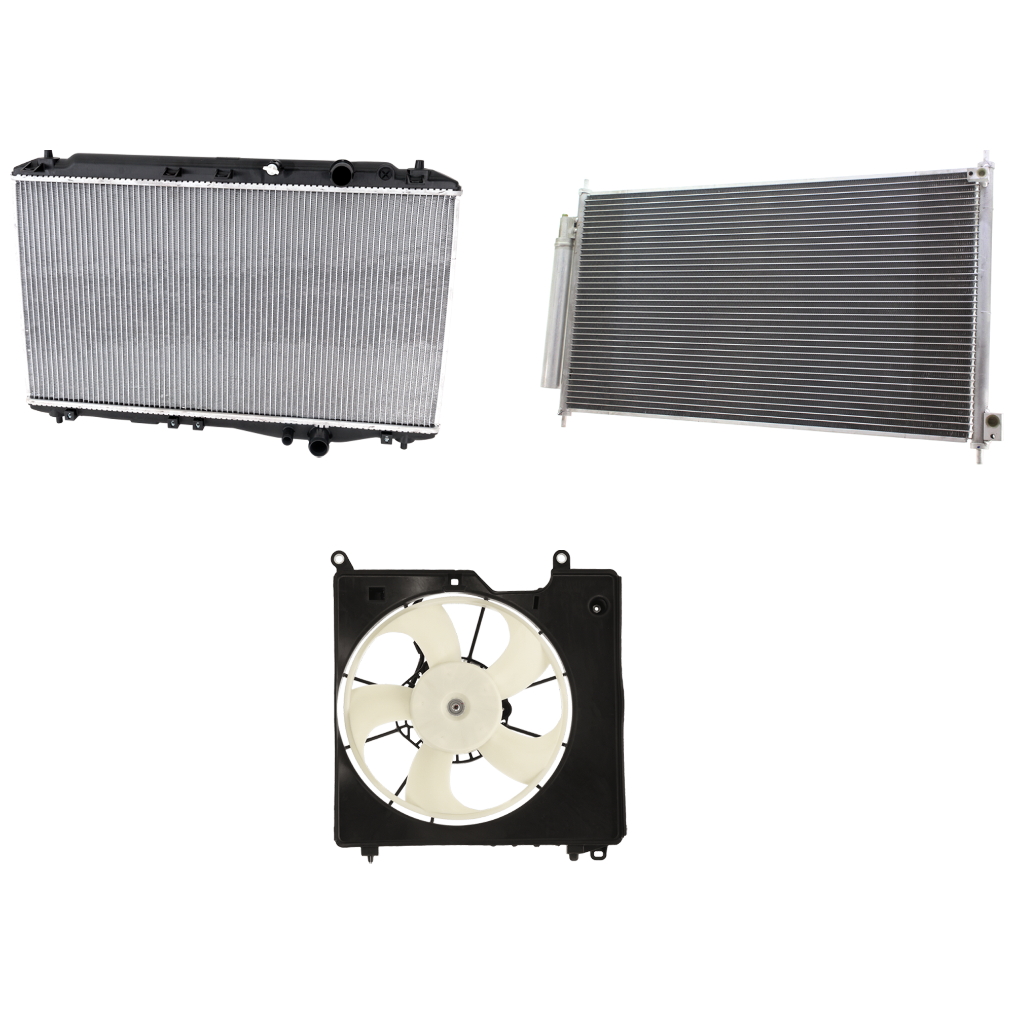 AM ILX 16-22 A C CONDENSER RADIATOR COOLING FAN KIT 3 pc kit 2.4L Eng. 4 Cyl. SKU KIT 071124-57 Partslink HO3030156 AC3115129 AC3010156 OEM 80110TR0A02-19015R4HA01 PFM 19