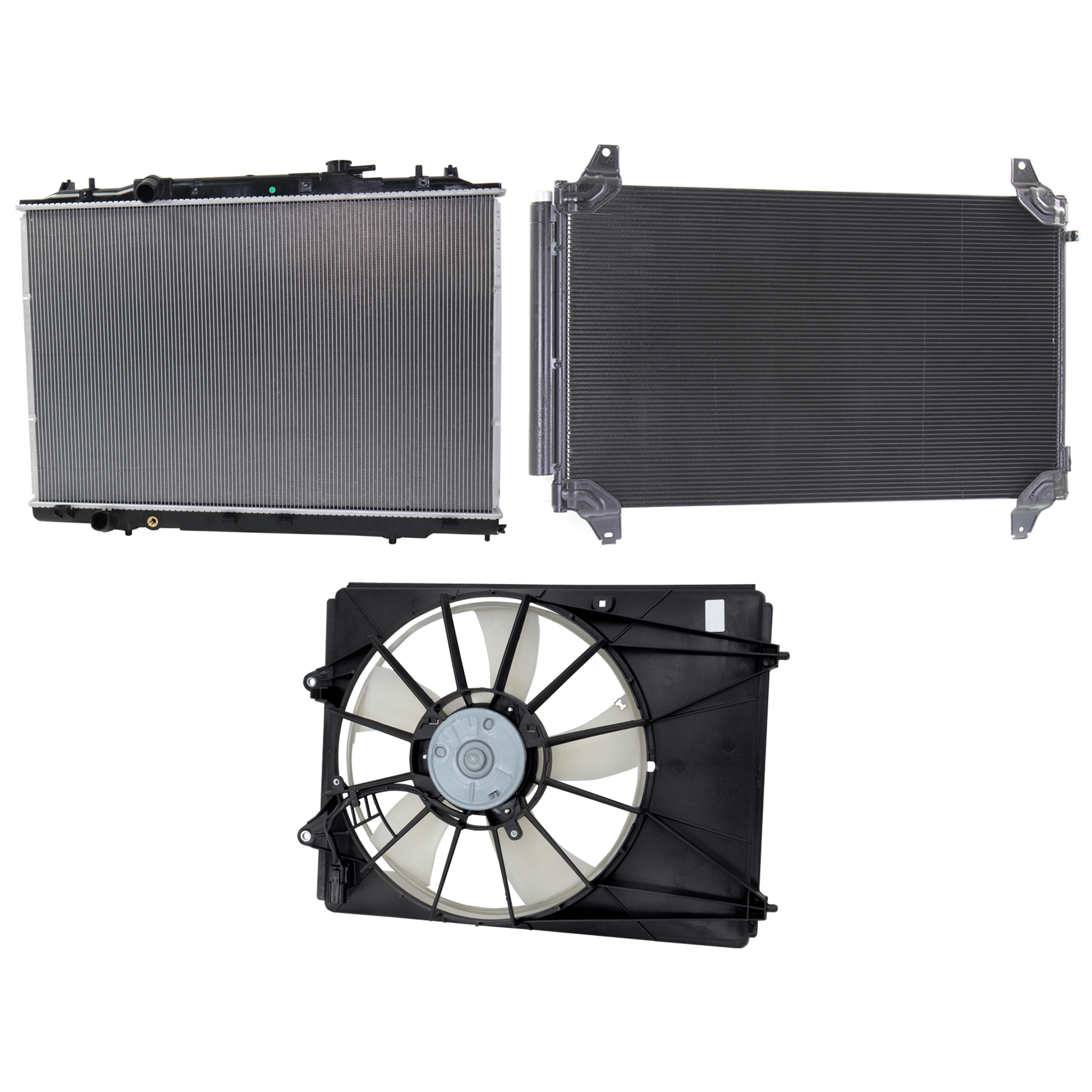 AM MDX 14-18 PASSPORT 19-23 A C CONDENSER RADIATOR COOLING FAN KIT 3 pc kit 3.5L Eng. 6 Cyl. SKU KIT 071124-61 Partslink AC3030128 HO3030165 AC3113115 AC3010153 OEM 80100TZ5A03-80100TZ5A02-80100T