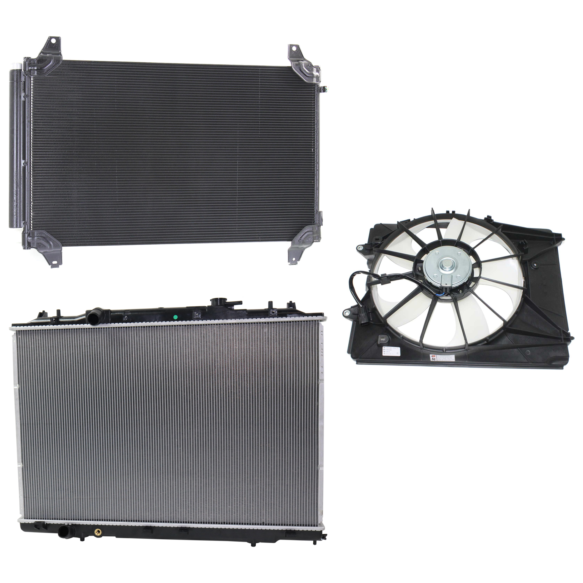 AM MDX 14-18 PASSPORT 19-23 A C CONDENSER RADIATOR COOLING FAN KIT 3 pc kit 3.5L Eng. 6 Cyl. SKU KIT 071124-63 Partslink AC3030128 HO3030165 AC3115125 AC3010153 OEM 80100TZ5A03-80100TZ5A02-80100T