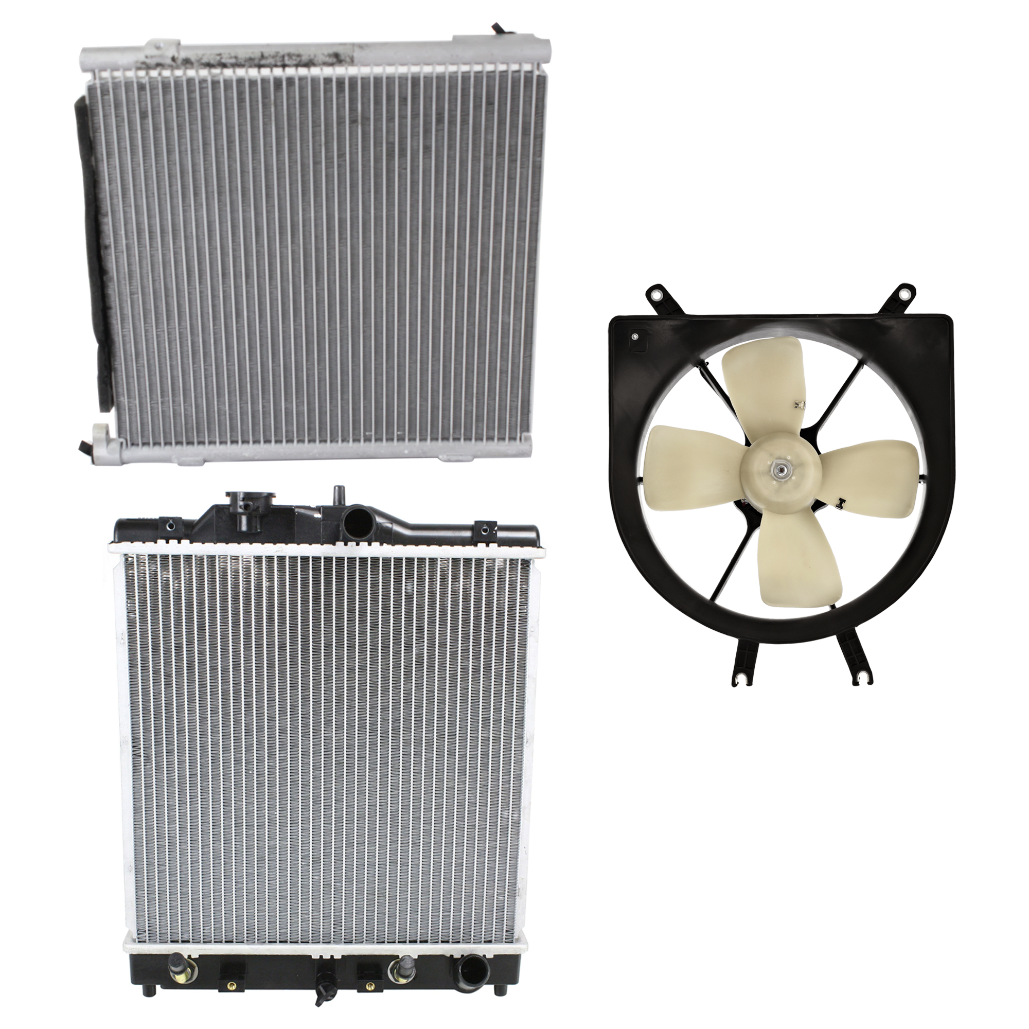 AM CIVIC 96-00 EL 97-98 A C CONDENSER RADIATOR COOLING FAN KIT 3 pc kit 1.6L Eng. 4 Cyl. SKU KIT 071124-69 Partslink HO3030108 HO3115102 HO3010125 OEM 80110S01A11-19015P08013 PFM 19
