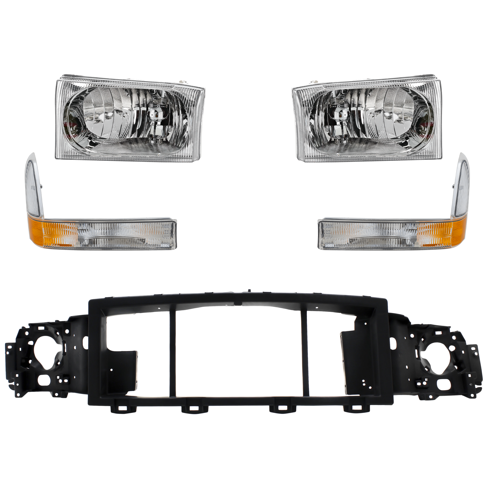 AM F SERIES SUPER DUTY 99-04 HEADER PANEL 5 pc Kit w Headlight and Corner Light Grille Opening Panel SKU KIT 071124-97 Partslink FO1221115 FO2520169 FO2521169 FO2502183 FO2503183 OEM F81Z8A284AA 2C3Z13201AA 2C3Z13