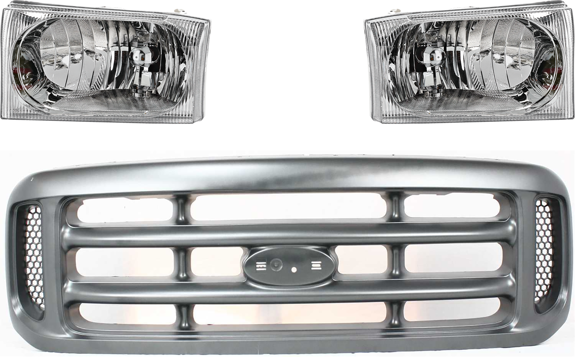 AM F SERIES SUPER DUTY 99-04 GRILLE 3 pc Kit w Headlight Cross Bar Insert Painted Argent Shell and Insert SKU KIT 071124-98 Partslink FO1200362 FO2502183 FO2503183 OEM YC3Z8200AAA 2C3Z13008AB 2C3Z13