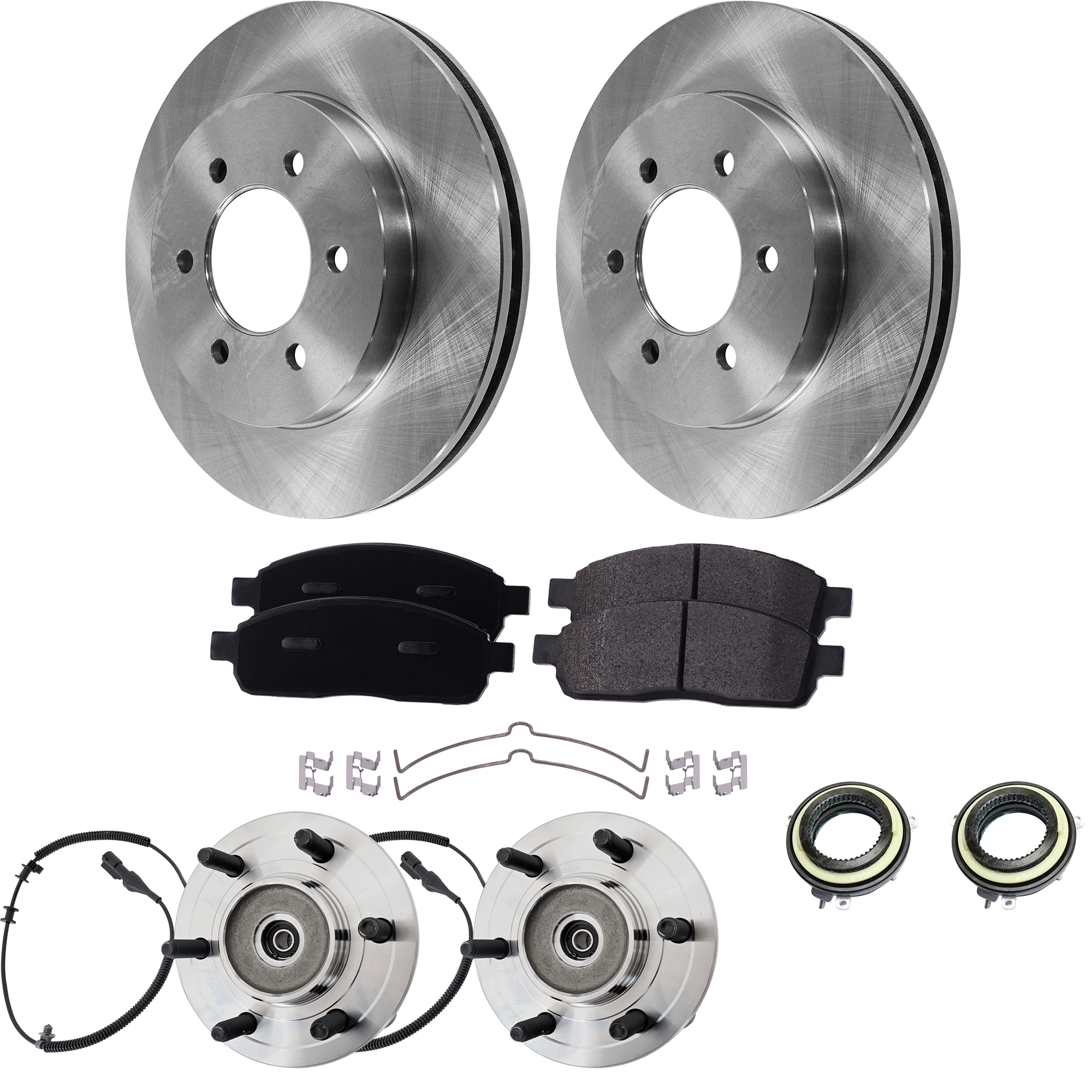 AM F 150-05-08 MARK LT 06-08 FRONT HUB ASSEMBLY RH AND LH 8 pc kit 6 Lugs with 4WD Actuator Brake Disc and Brake Pad Set SKU KIT 071124 C152 OEM 94256011-7L1Z3C247A 4L3Z1125AA