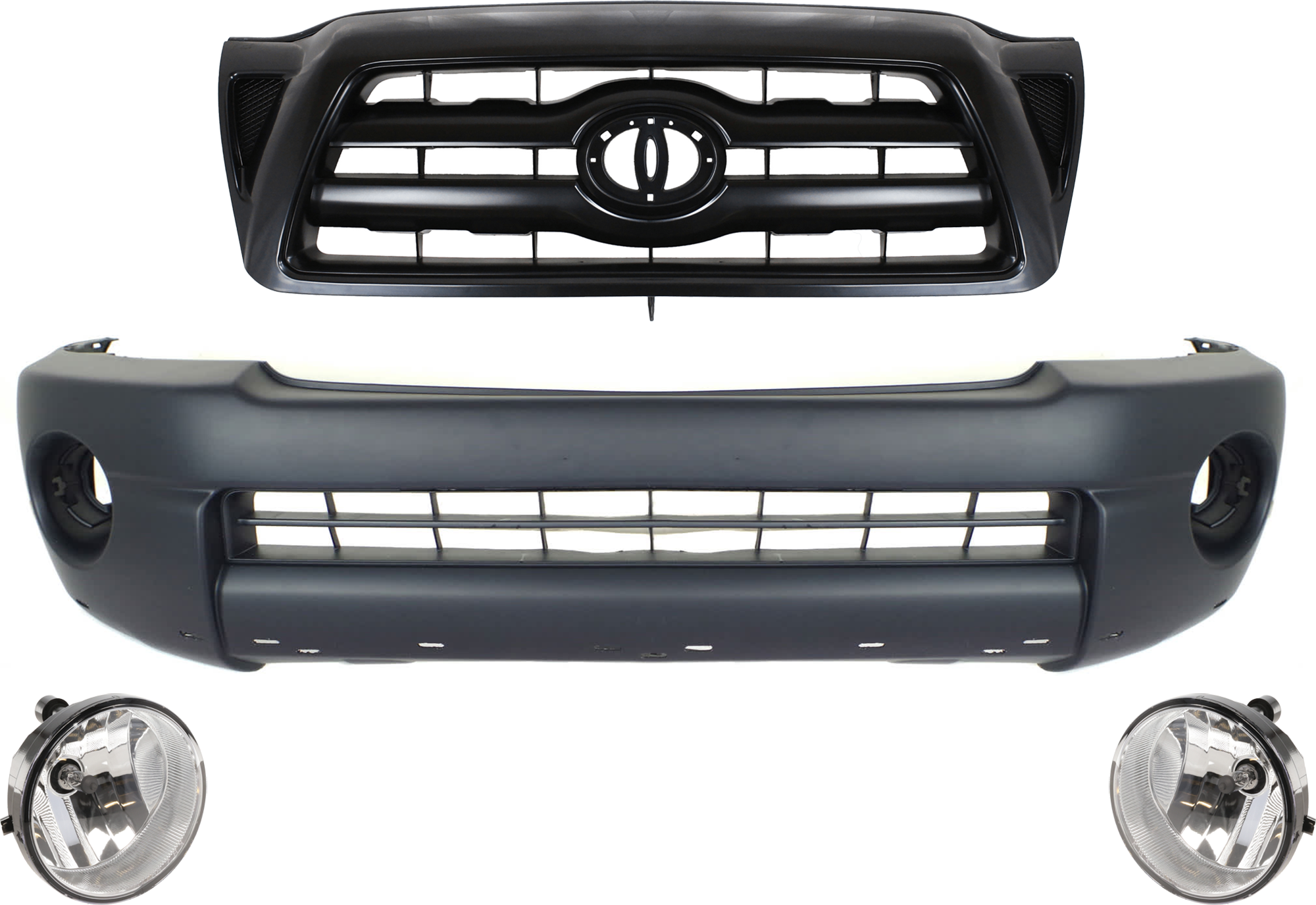 AM TACOMA 05-10 GRILLE ASSEMBLY 4 pc Kit Paintable Shell and Insert with Bumper Cover and Fog Light SKU KIT 071124 C196 Partslink TO1200279 TO1000305 TO2592117 OEM 5310004370C0-5211904904-81210A