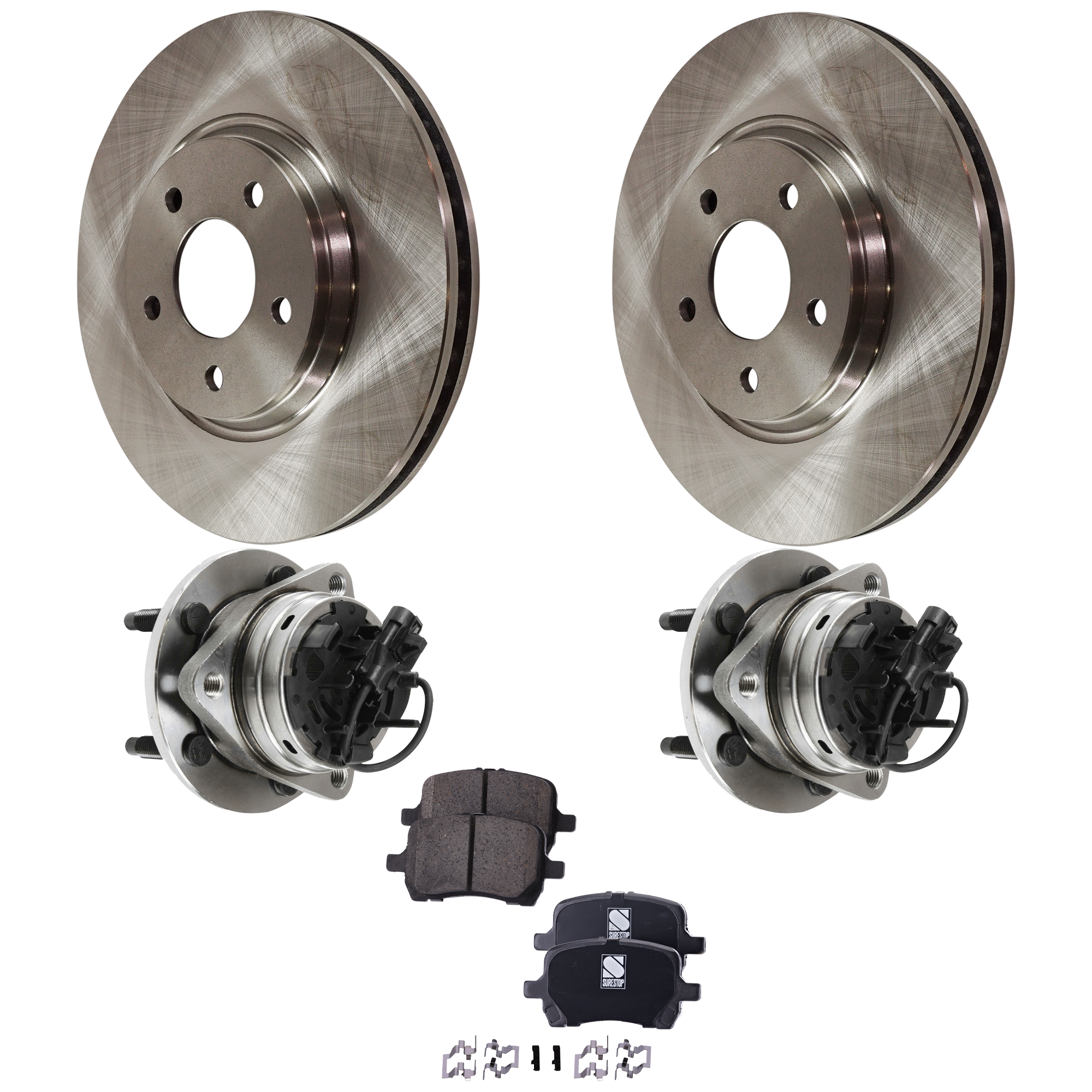 AM MALIBU 07-12 AURA 07-09 FRONT HUB ASSEMBLY RH AND LH 5 piece kit with Brake Disc and Brake Pad Set SKU KIT 071124 C220 OEM 15793213-22705375-15856665-257