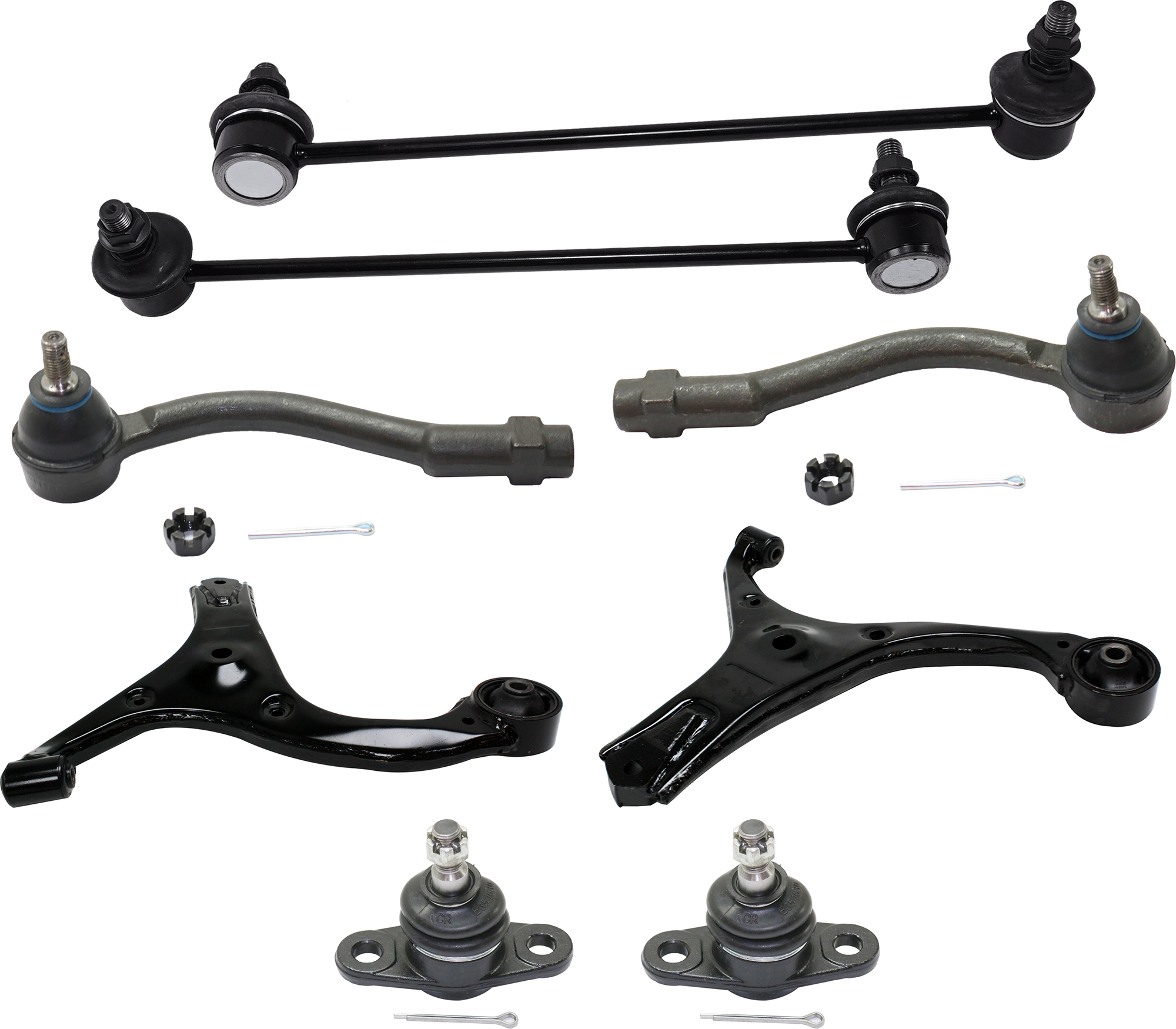 AM RIO RIO5-06-11 FRONT CONTROL ARM RH AND LH Lower 8 pc Kit with Ball Joint Sway Bar Link and Tie Rod End SKU KIT 071124 C29 OEM 545001E000-545011E000-517601G0
