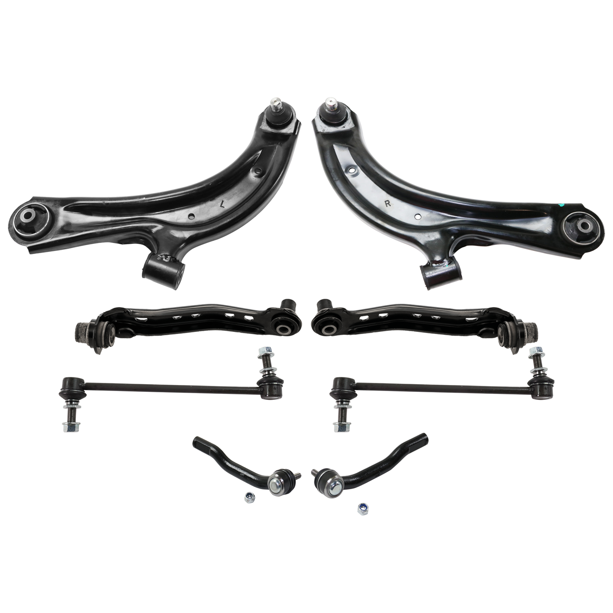 AM NV200 SENTRA 13-14 FRONT CONTROL ARM RH AND LH Lower 8 piece kit with Sway Bar Link and Tie Rod End SKU KIT 071124 C41 OEM 545003SH2A 545009AM1A 545013SH