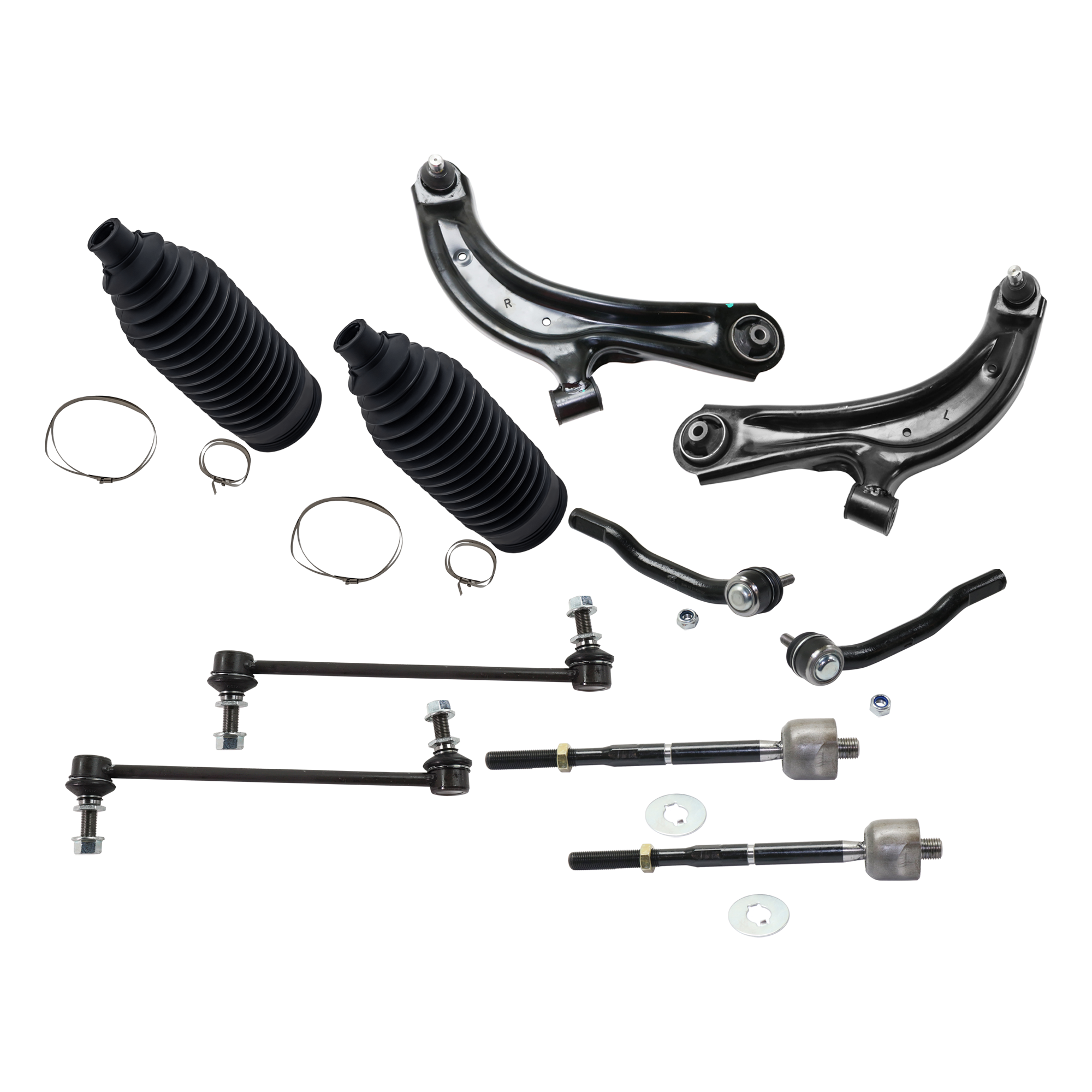 AM NV200 SENTRA 13-14 FRONT CONTROL ARM RH AND LH Lower 10 piece kit with Steering Rack Boot Sway Bar Link and Tie Rod End SKU KIT 071124 C42 OEM 545003SH2A 545009AM1A 545013SH