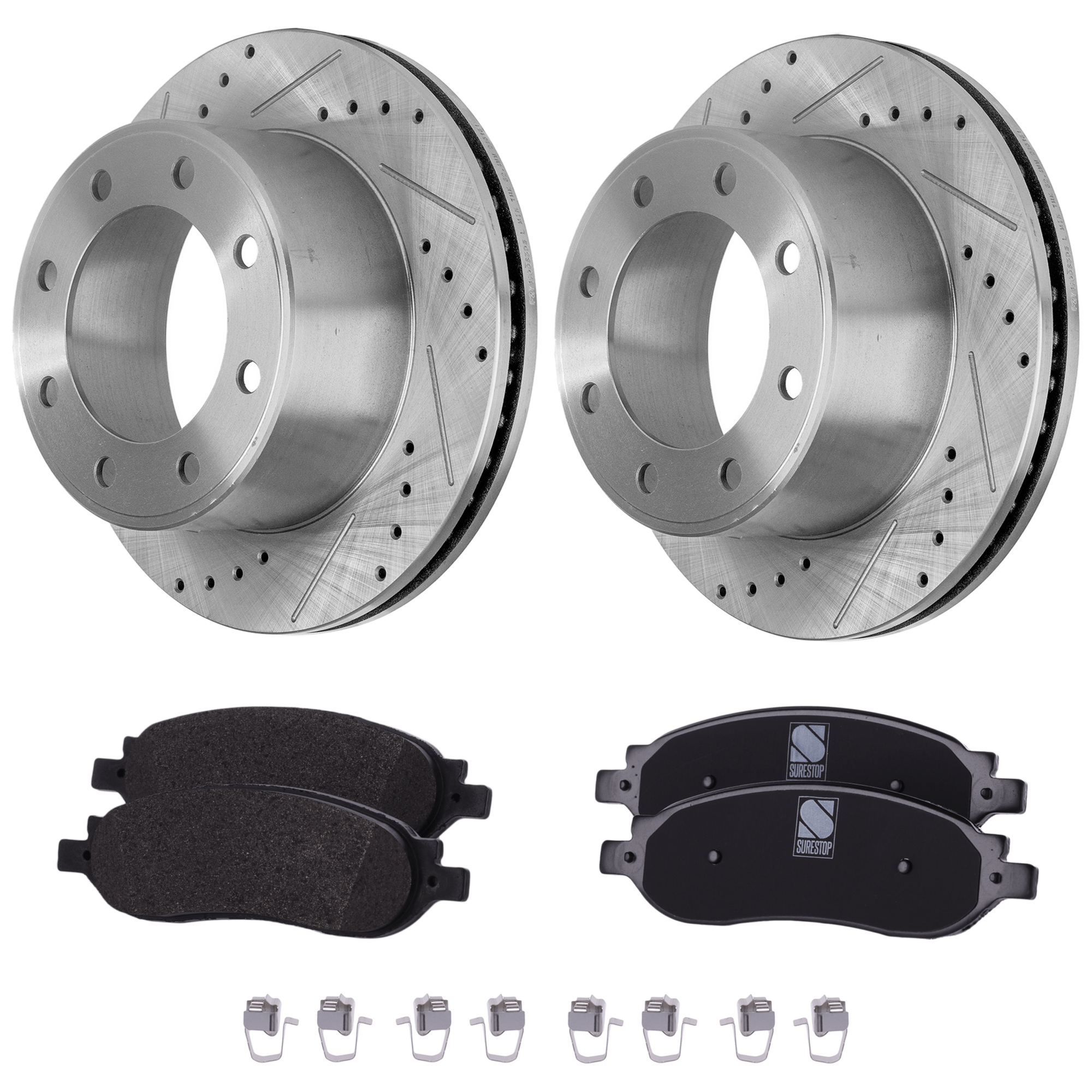 AM F 250 SUPER DUTY F 350 SUPER DUTY 05-07 REAR BRAKE DISC AND PAD KIT 2 Wheel Set Cross drilled and Slotted SKU KIT 071124 C436 OEM 54141-680394-48880394-60054199