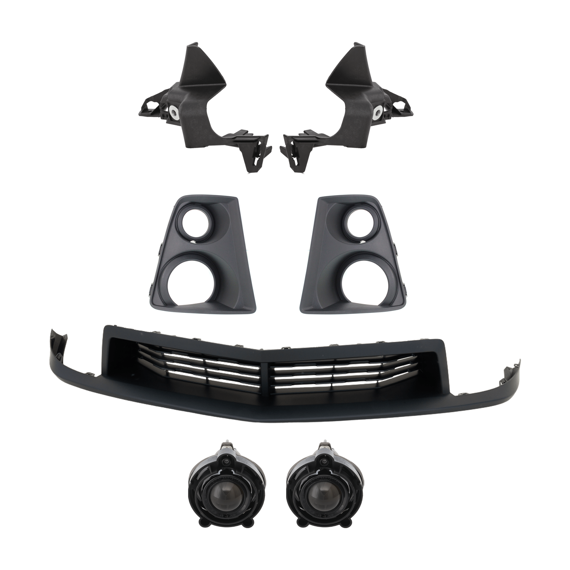 AM CAMARO 12-15 FRONT BUMPER GRILLE 7 pc Kit Textured Black with Bumper Bracket Fog Light and Fog Light Trim SKU KIT 071124 C46 Partslink GM1036141 GM1043115 GM1042115 GM2593157 GM1038143 GM1039143 OEM 22894223-92243318-92243317-103