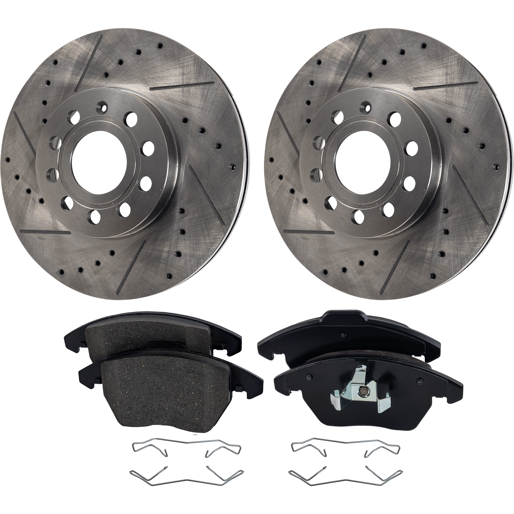 AM JETTA 05-13 RABBIT 06-09 FRONT BRAKE DISC AND PAD KIT 2 Wheel Set Cross drilled and Slotted SKU KIT 071124 C475 OEM 34303-45111-900412-60074028-45