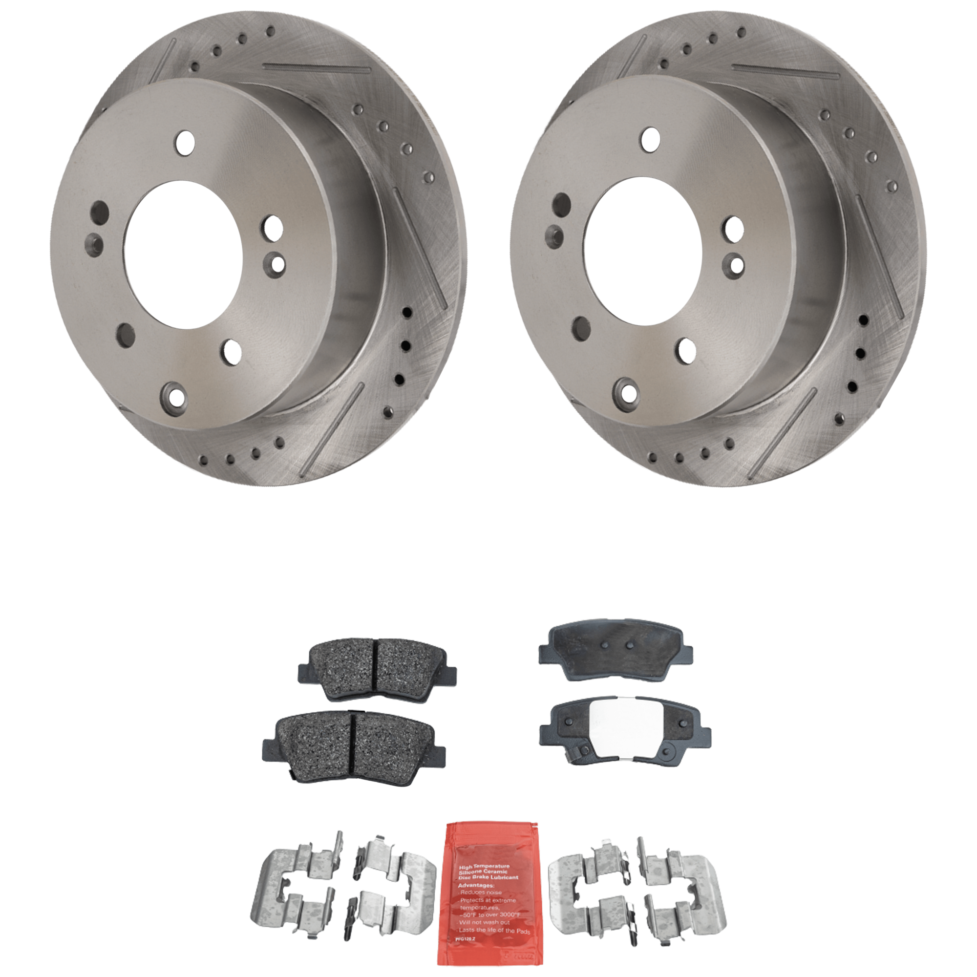 AM SOUL 10-13 REAR BRAKE DISC AND PAD KIT 2 Wheel Set Cross drilled and Slotted SKU KIT 071124 C572 OEM 31542-44687-0833408-850159-900