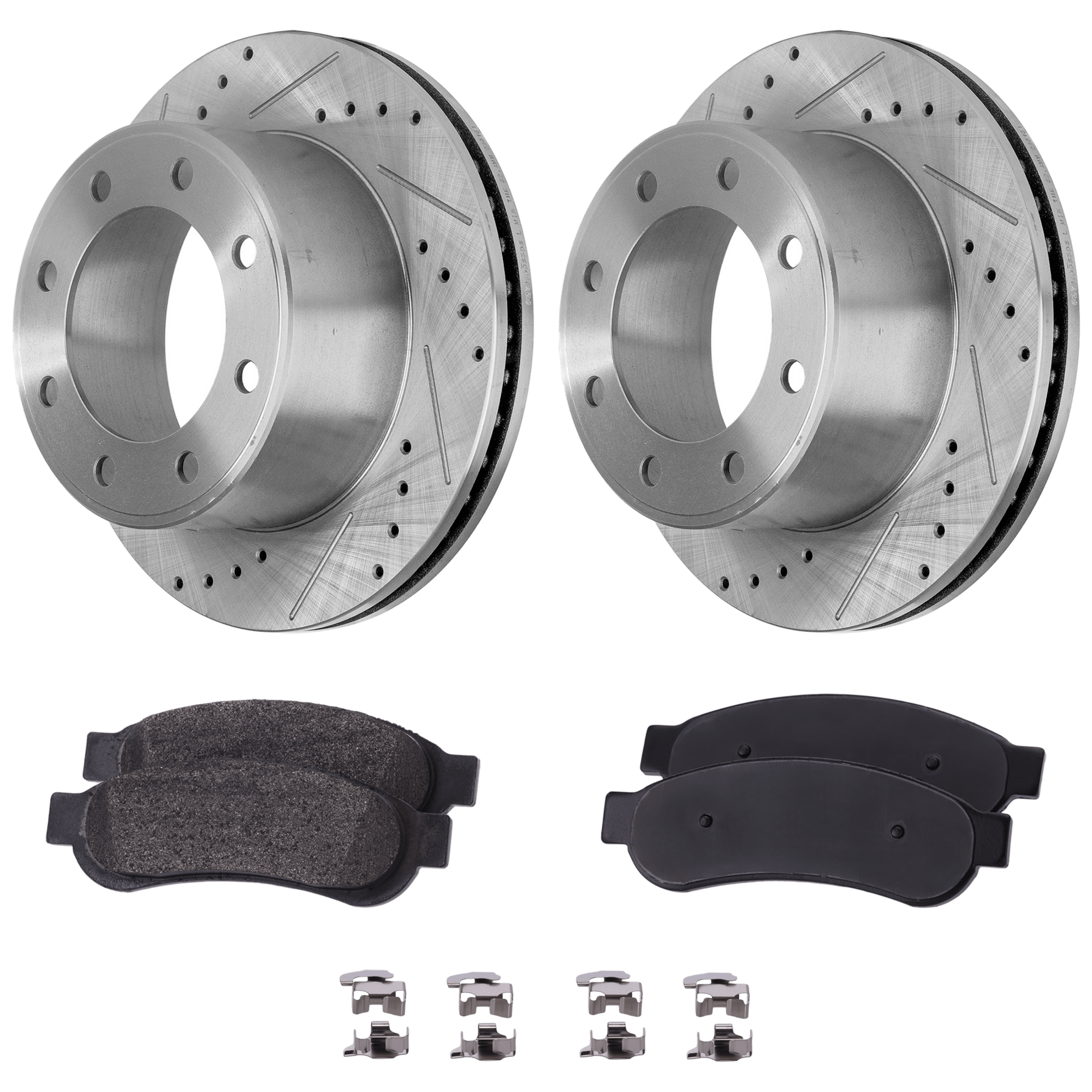 AM F 250 SUPER DUTY F 350 SUPER DUTY 08-10 REAR BRAKE DISC AND PAD KIT 2 Wheel Set Cross drilled and Slotted SKU KIT 071124 C583 OEM 54141-680394-48880394-60054199
