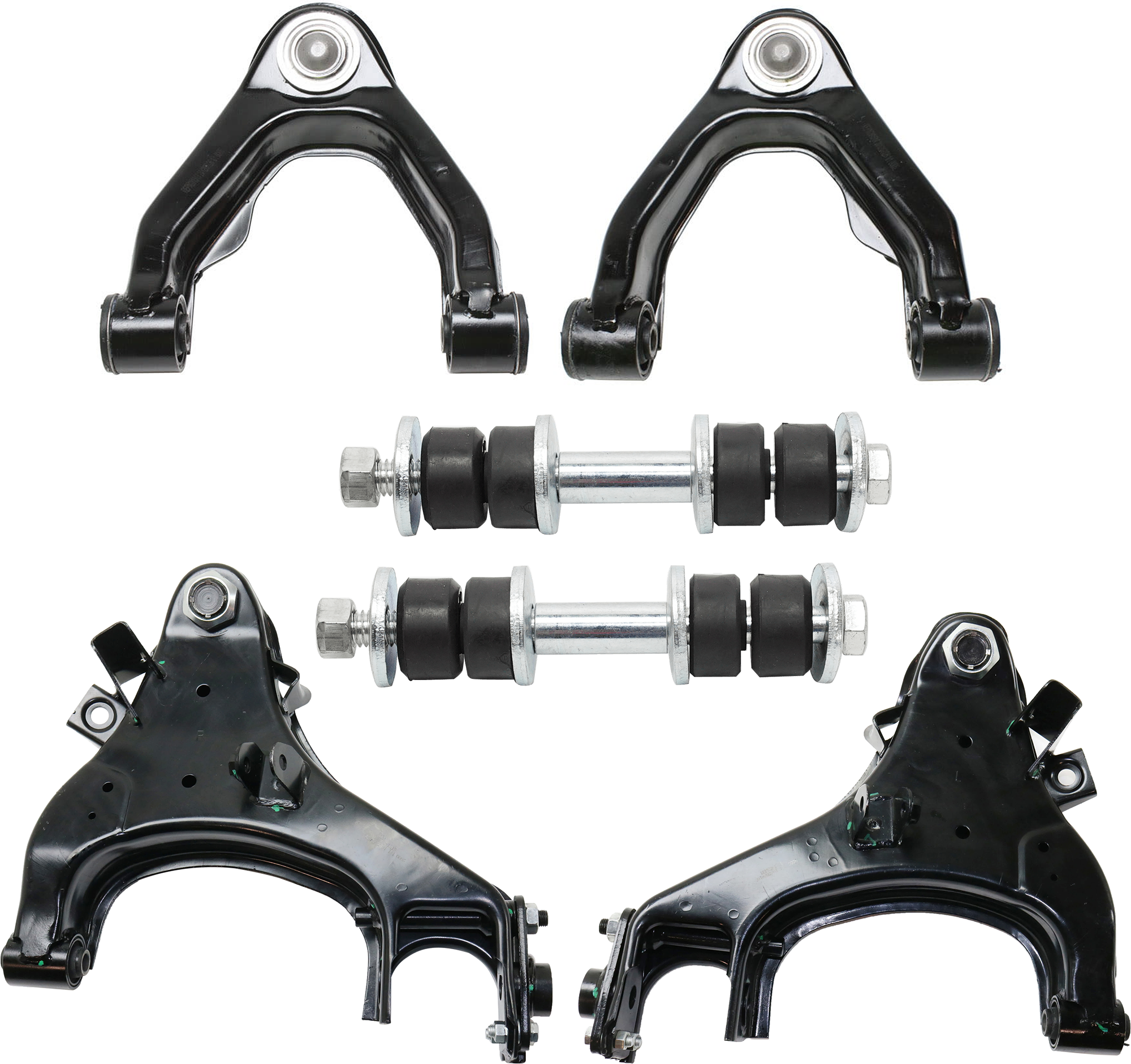AM XTERRA 00-04 FRONT CONTROL ARM RH AND LH Upper and Lower 6 pc Kit with Sway Bar Link SKU KIT 071124 C85 Partslink NI4510103 NI4511103 NI4512100 NI4513100 OEM 545009Z510-545008B525-545019Z5