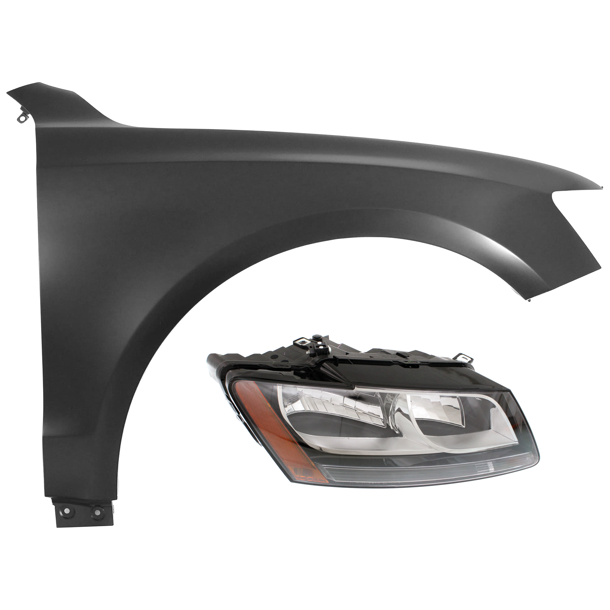 AM Q5-09-12 HEAD LAMP RH 2 pc Kit Assembly Halogen with Fender SKU KIT 071126-02 Partslink AU2503165 AU1241134 AU1241122 OEM 8R0941030N 8R0821106A 8R082110