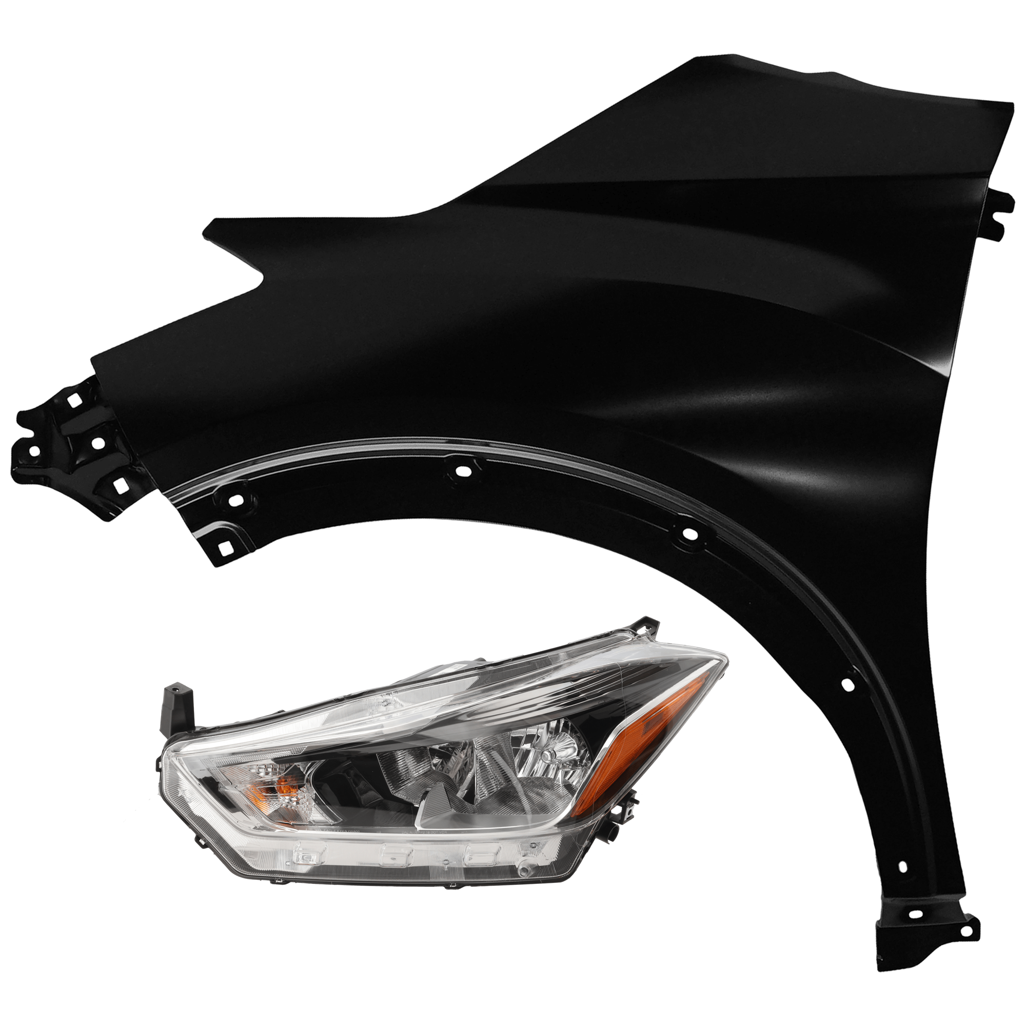 AM KICKS 18-20 HEAD LAMP LH 2 pc Kit Assembly Halogen with Fender SKU KIT 071126-151 Partslink NI2502264 NI1240233 OEM 260605RL0A F31015RBMA
