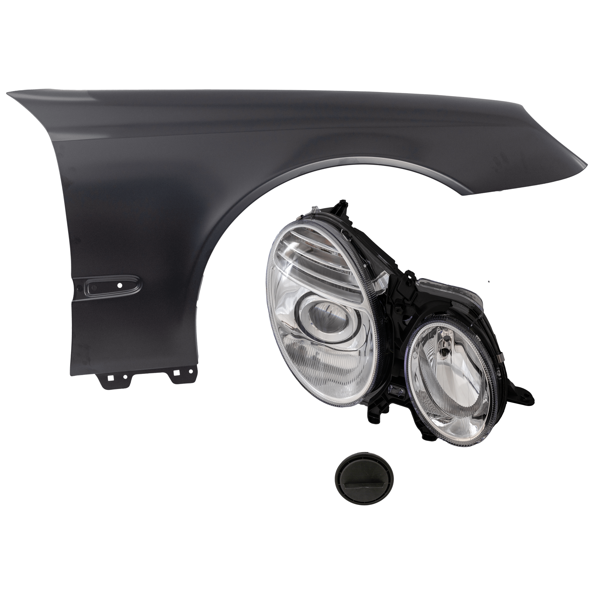 AM E CLASS 03-09 HEAD LAMP RH 2 pc Kit Lens and Housing HID Xenon with Fender SKU KIT 071126-155 Partslink MB2503107 MB1241129 OEM 211820186164-2118801418