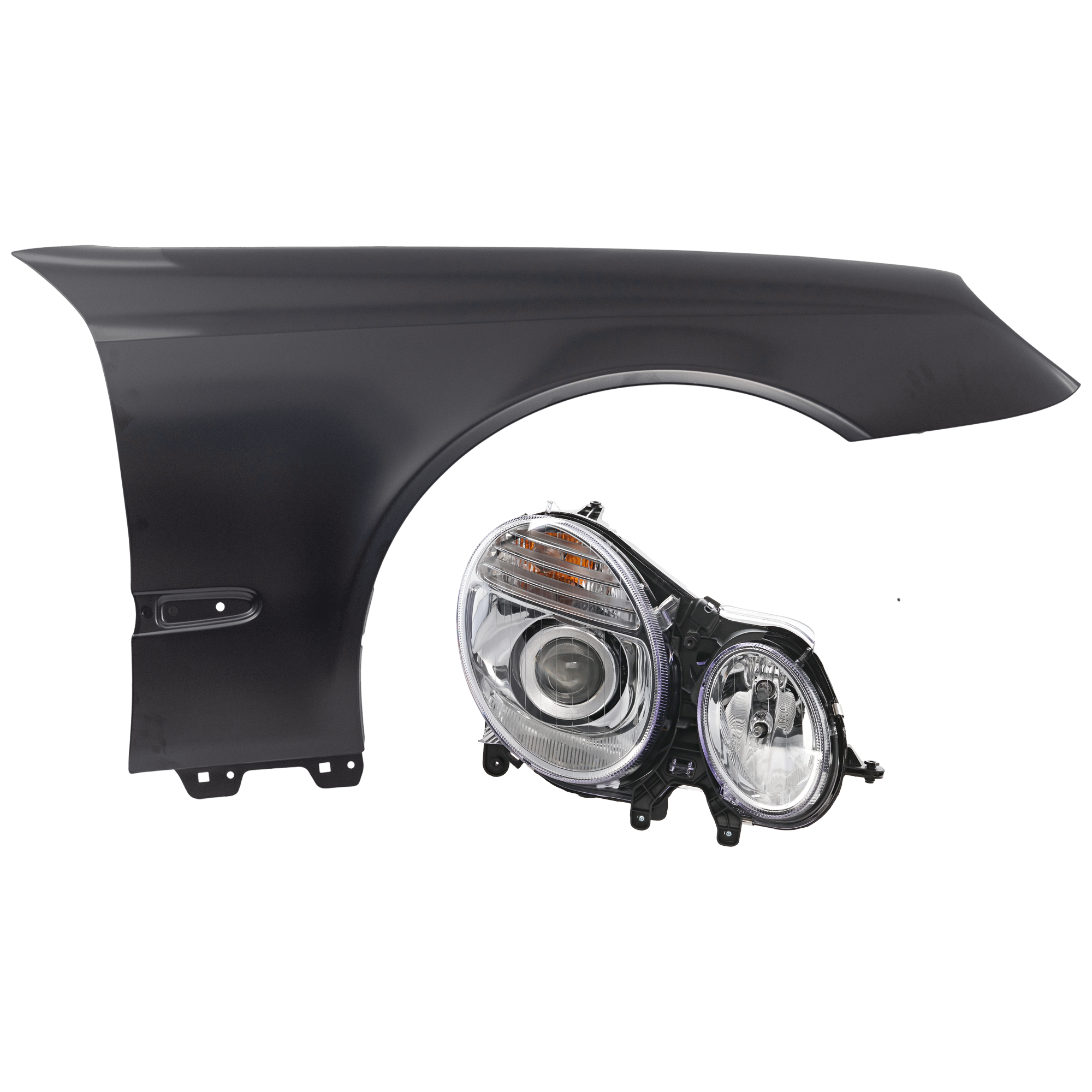 AM E CLASS 07-09 HEAD LAMP RH 2 pc Kit Assembly Halogen with Fender SKU KIT 071126-156 Partslink MB2501100 MB1241129 OEM 211820346164-2118801418