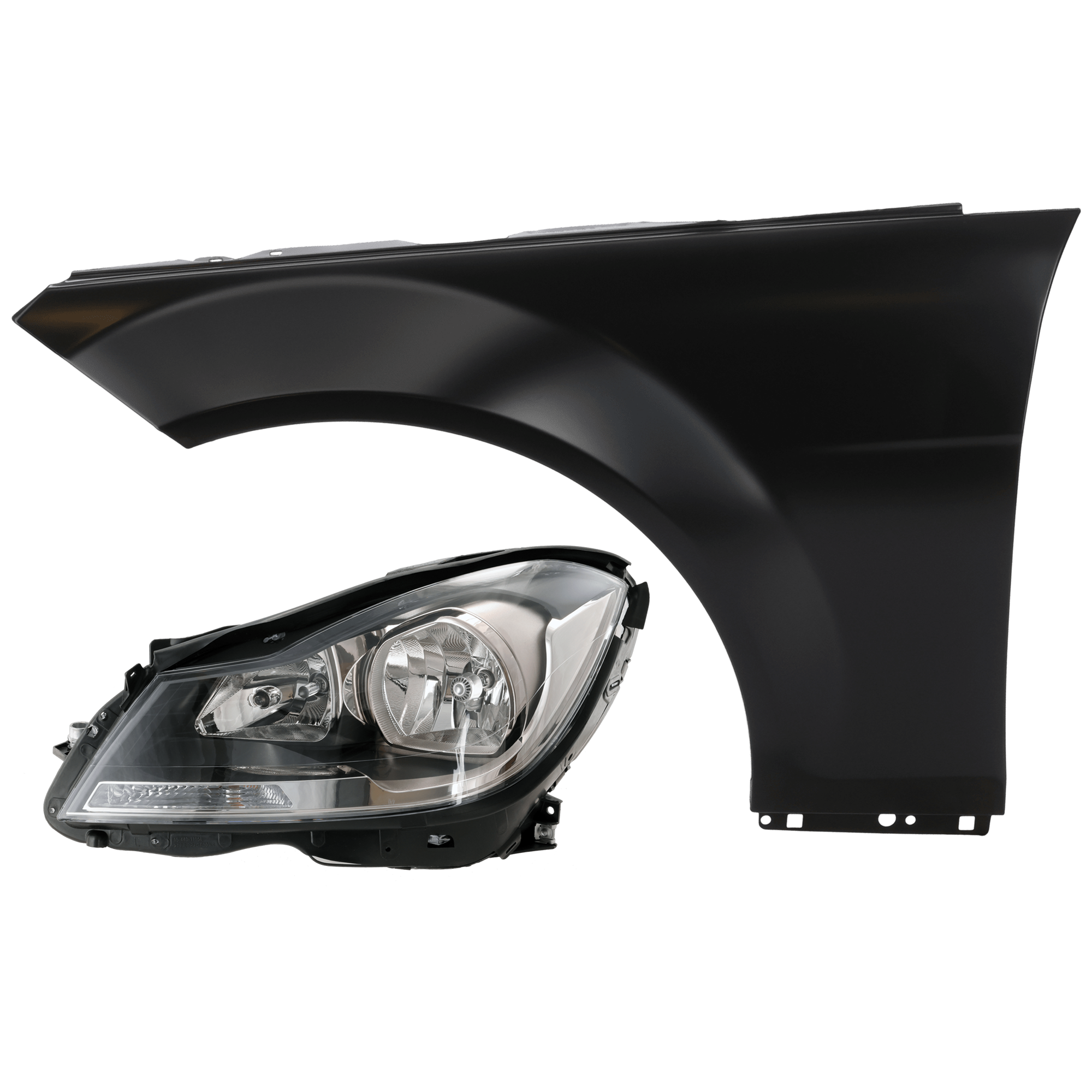 AM C250 C350-12-14 HEAD LAMP LH 2 pc Kit Assembly Halogen with Fender SKU KIT 071126-160 OEM 204820995980-2048209959-204880