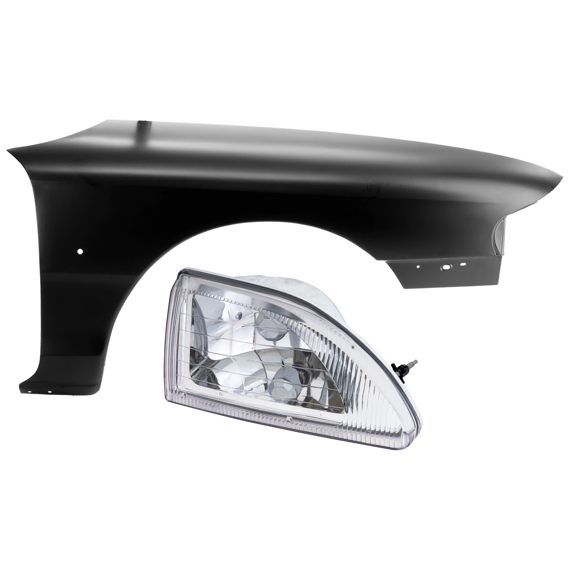AM MUSTANG 94-98 HEAD LAMP RH 2 pc Kit Assembly Halogen with Fender SKU KIT 071126-162 Partslink FO2503161 FO1241169 OEM F4ZZ13008C F6ZZ16005AA